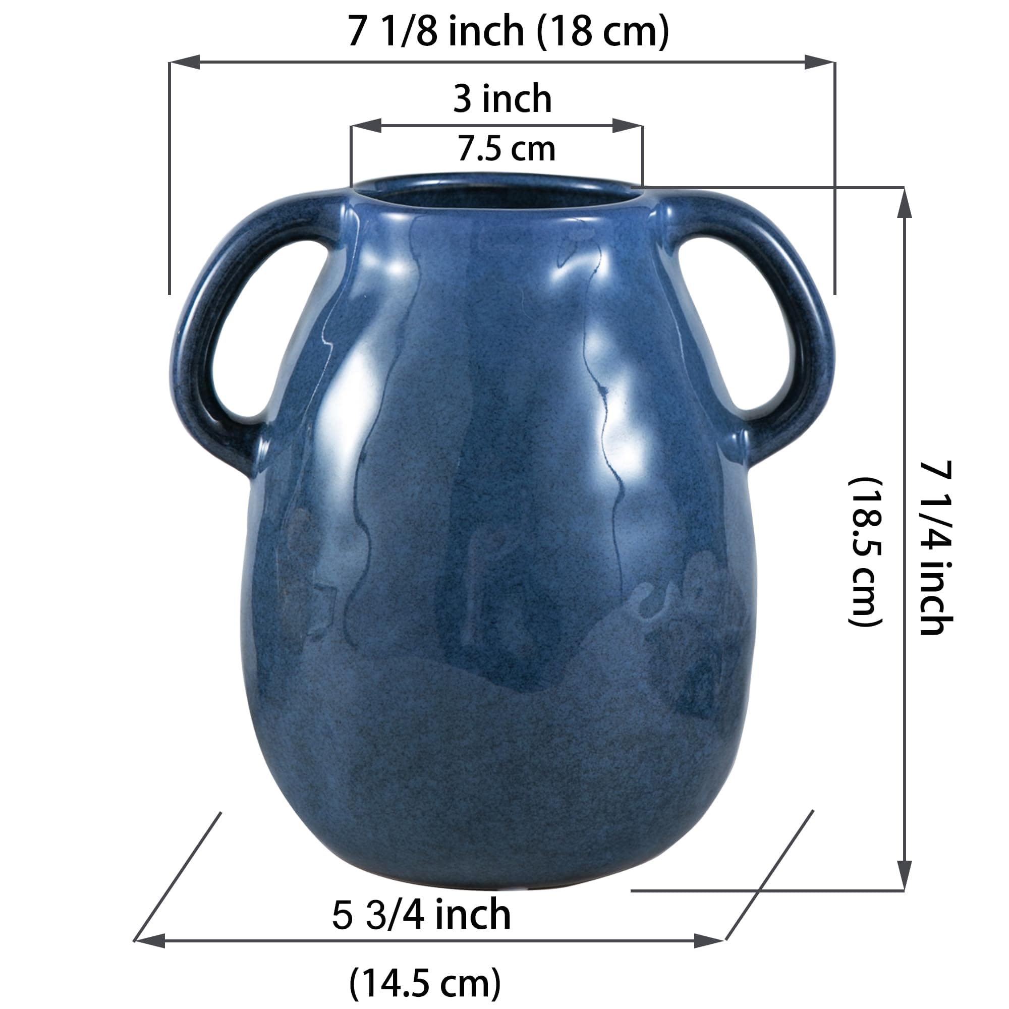 Blue Ceramic Vase with 2 Handles - Modern Farmhouse Rustic Terracotta Decorative Clay Boho Vase for Pampas Grass and Home Decor