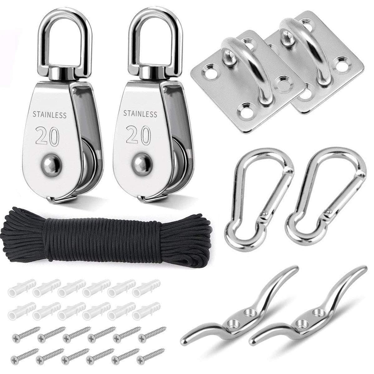Pulley System Set, M20 Crane Pulleys for Lifting with Rope, 304 Stainless Steel Block and Tackle Pulley System, with Nylon Line Rope & Snap Hook, Oblong Eye Pad Plate, Cleat Hooks