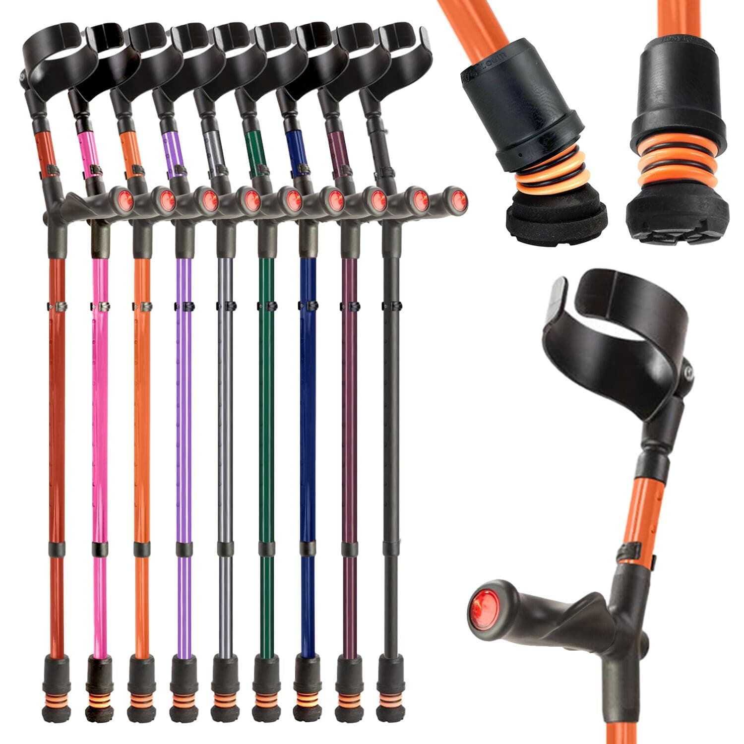 Flexyfoot Shock Absorbing Comfy Grip Double Adjustable Crutch - Improves Safety, Improves Grip, Reduces Shocks & Jarring – Right Handed - Orange