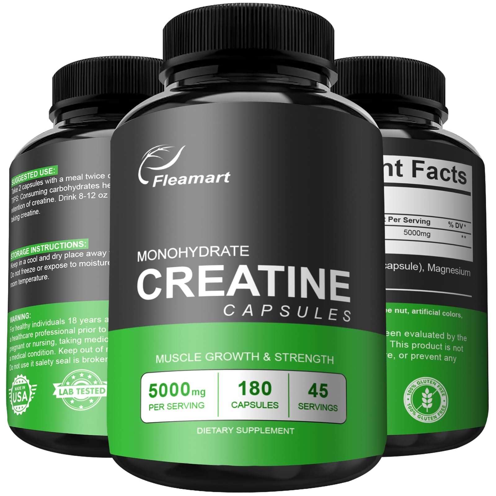 Micronized Creatine Monohydrate Capsules, Keto Friendly, 5000mg, 180 Capsules, Creatine Monohydrate Pills Third Party Tested, Manufactured in The USA, Non-GMO, Gluten Free, Vegan Safe