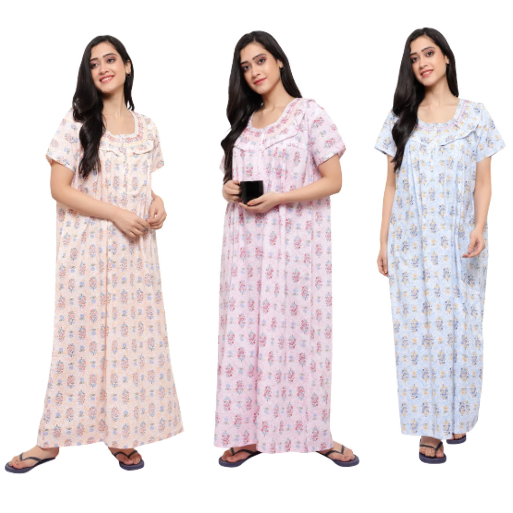 CIERGE Women's Cotton Printed Maxi Smoking Zip Nighty Free ; Pack of 3 Multicolour, One Size