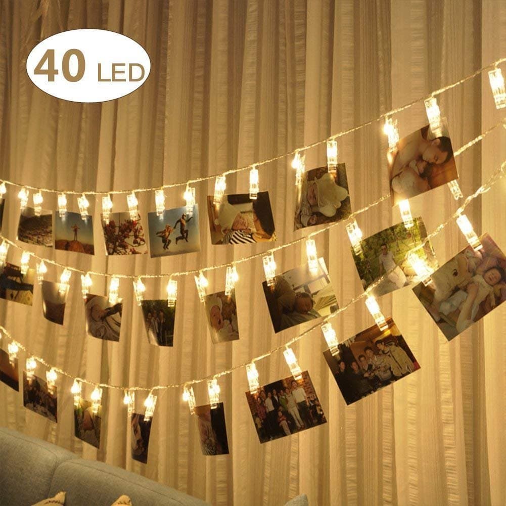 LED Photo Clip String Lights,Besokuse 40 Photo Peg Clips Battery Powered Fairy Twinkle Picture Lights,Wedding Party Christmas Home Decor Lights for Hanging Photos, Cards and Artwork (14Ft,Warm White)