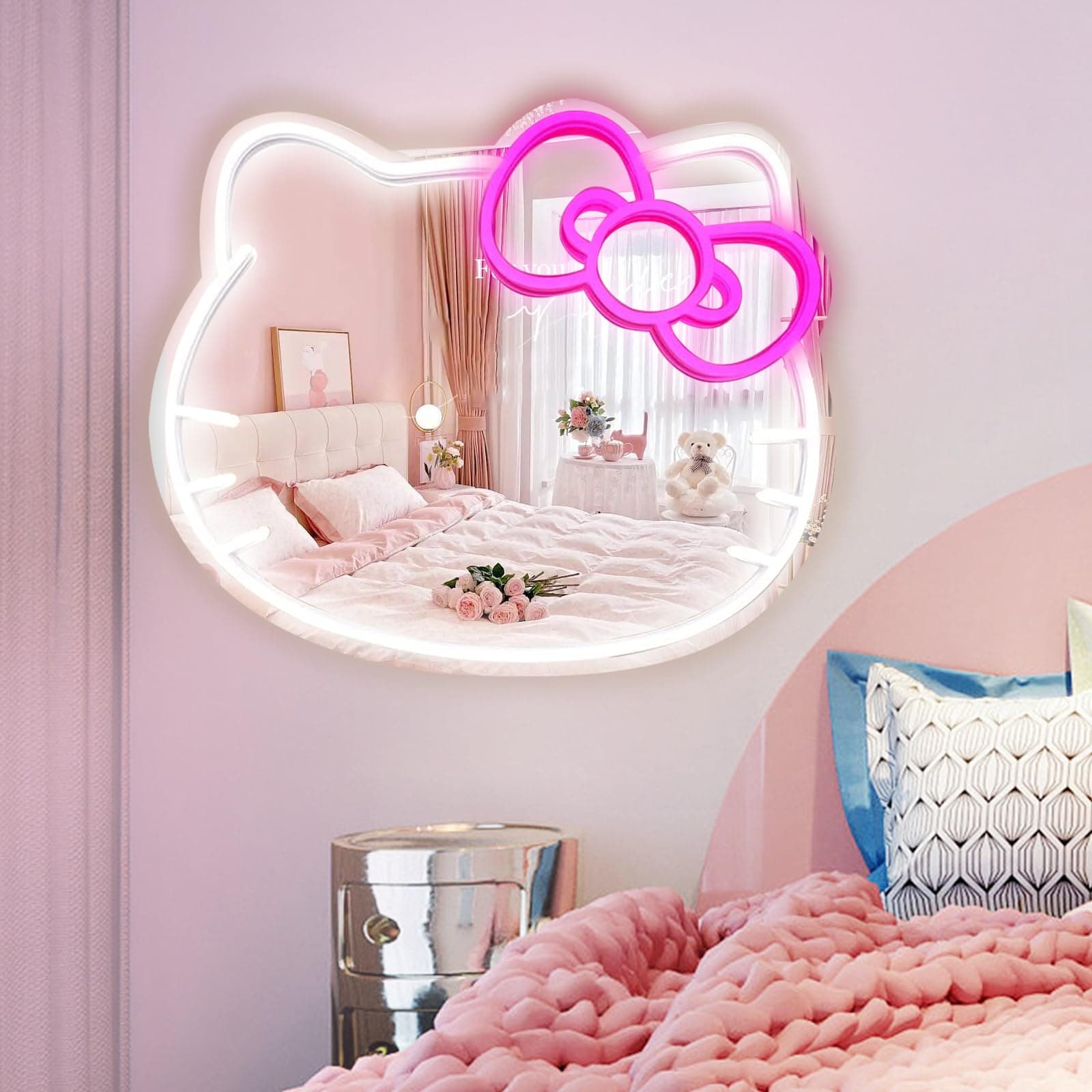 MCJSGSP Anime Hello Kit Mirror with Light Neon Signs for Wall Decor, Teen Girl Gift,Makeup Mirror neon Sign Room Decor (14.6 * 12.2 inch)