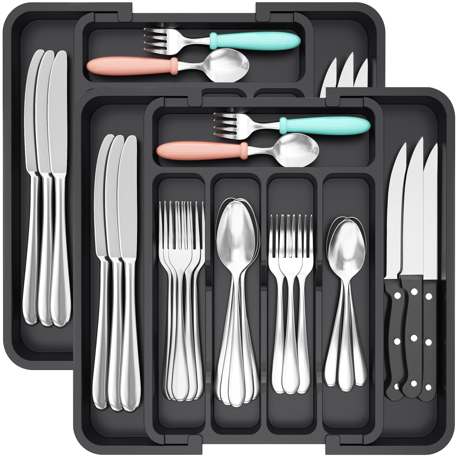 Silverware Drawer Organizer, Expandable Utensil Tray for Kitchen, BPA Free Flatware and Cutlery Holder, Adjustable Plastic Storage for Spoons Forks Knives, 2 Pack, Black, 8.9-14.7 x 12.2"