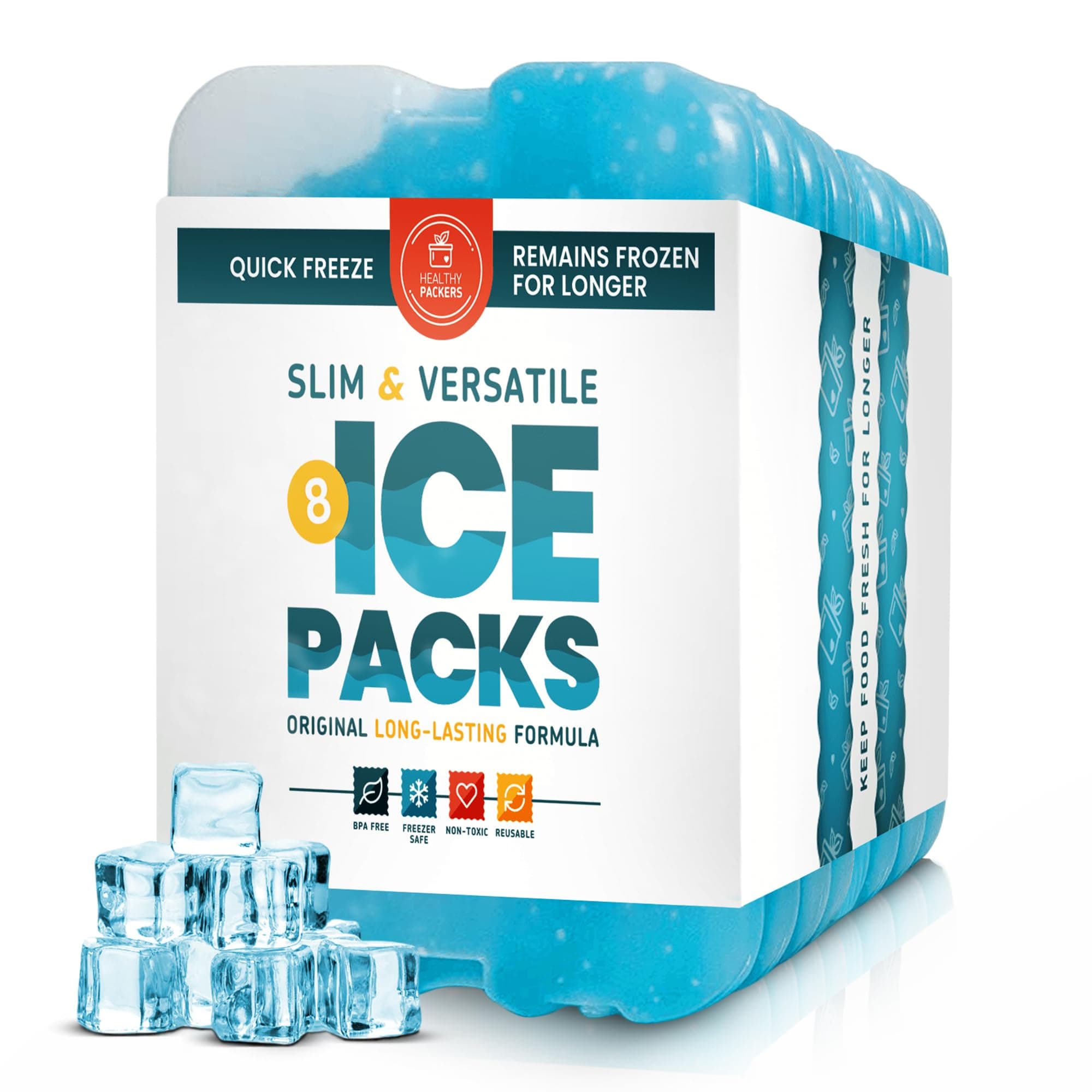 Healthy Packers Cool Pack, Slim Ice Pack for Lunch Box - Quick Freeze and Long-Lasting - Freezer Cold Packs for Cooler Bag and Lunch Boxes - Original Long-Lasting Formula - (8 Pack)