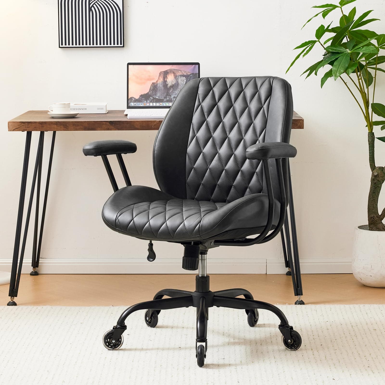 YFO Home Office Desk Chair Office Rubber Casters Ergonomic Computer Chair with Lumbar Support Adjustable Height Rolling Swivel Executive Task Armrests Chair, Black PU