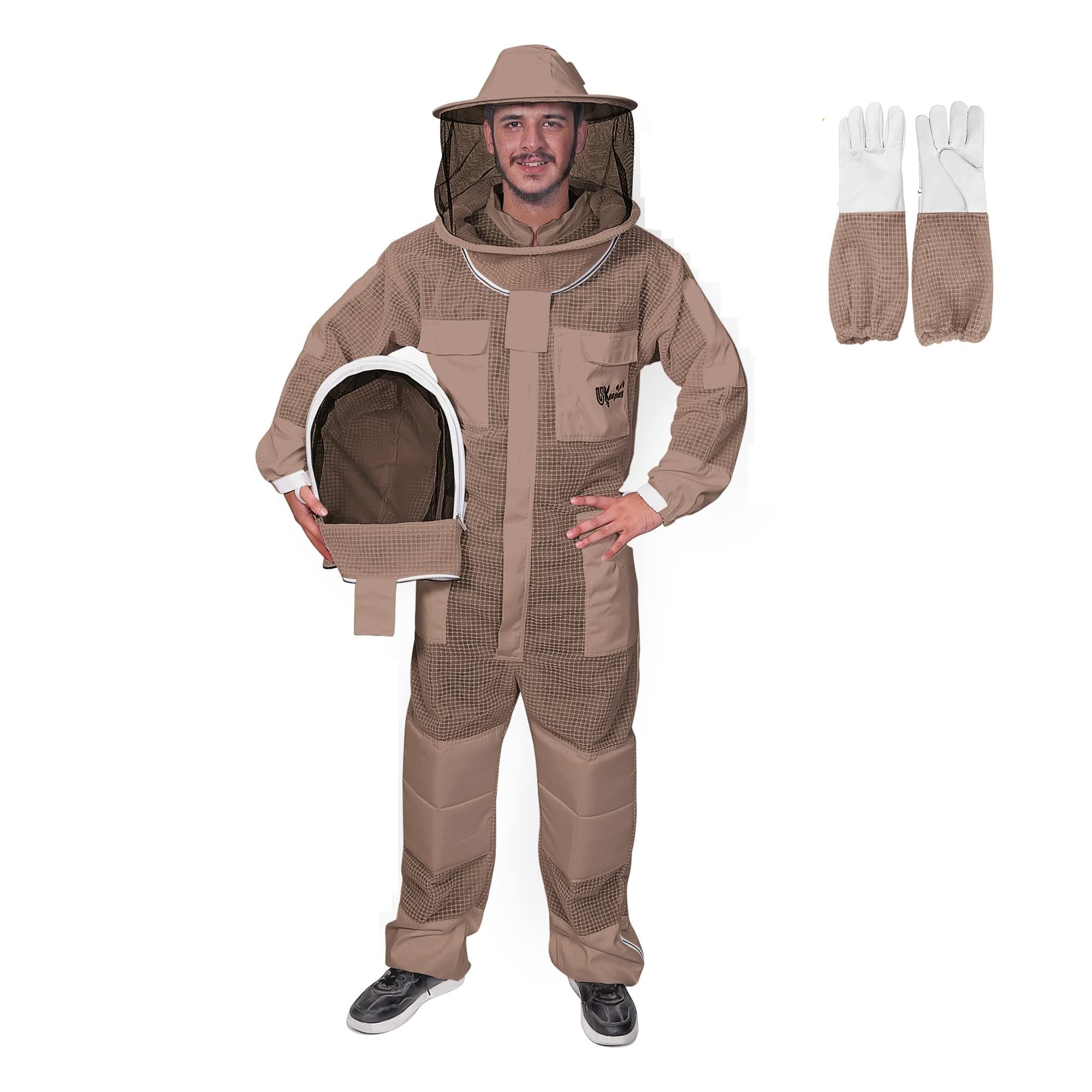 3-Layer Ultra Ventilated Bee Suit for Men & Women – Premium Beekeeping Suit with Bee Gloves & Two Detachable Beekeeping Veils (Brown M)