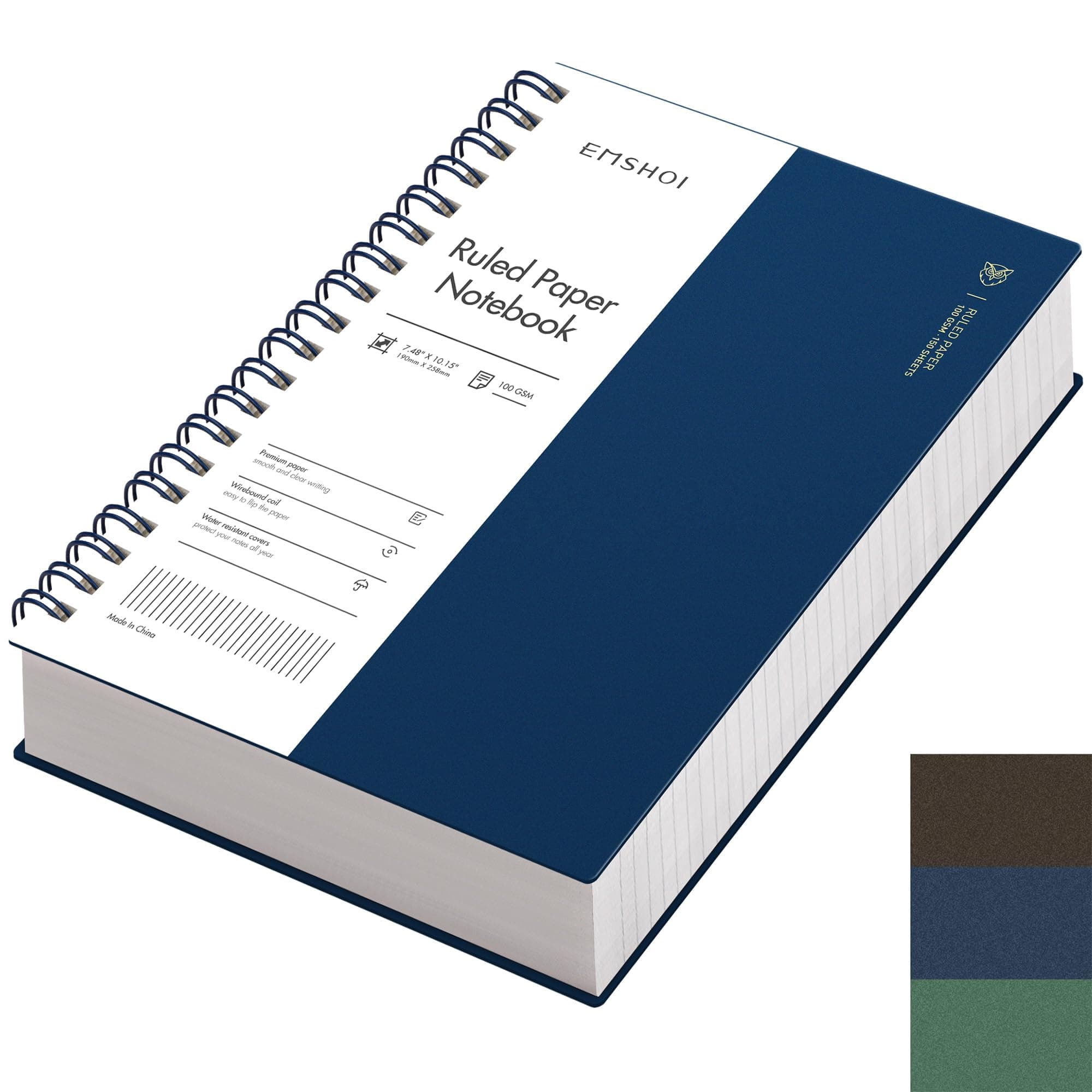 B5 Spiral Notebook College Ruled Lined Journal, Large 7.48" X 10.15", 300 Pages/150 Sheets, 100gsm Thick Paper, Waterproof Hardcover, for Office School Women Men Work Writing Notes, Blue