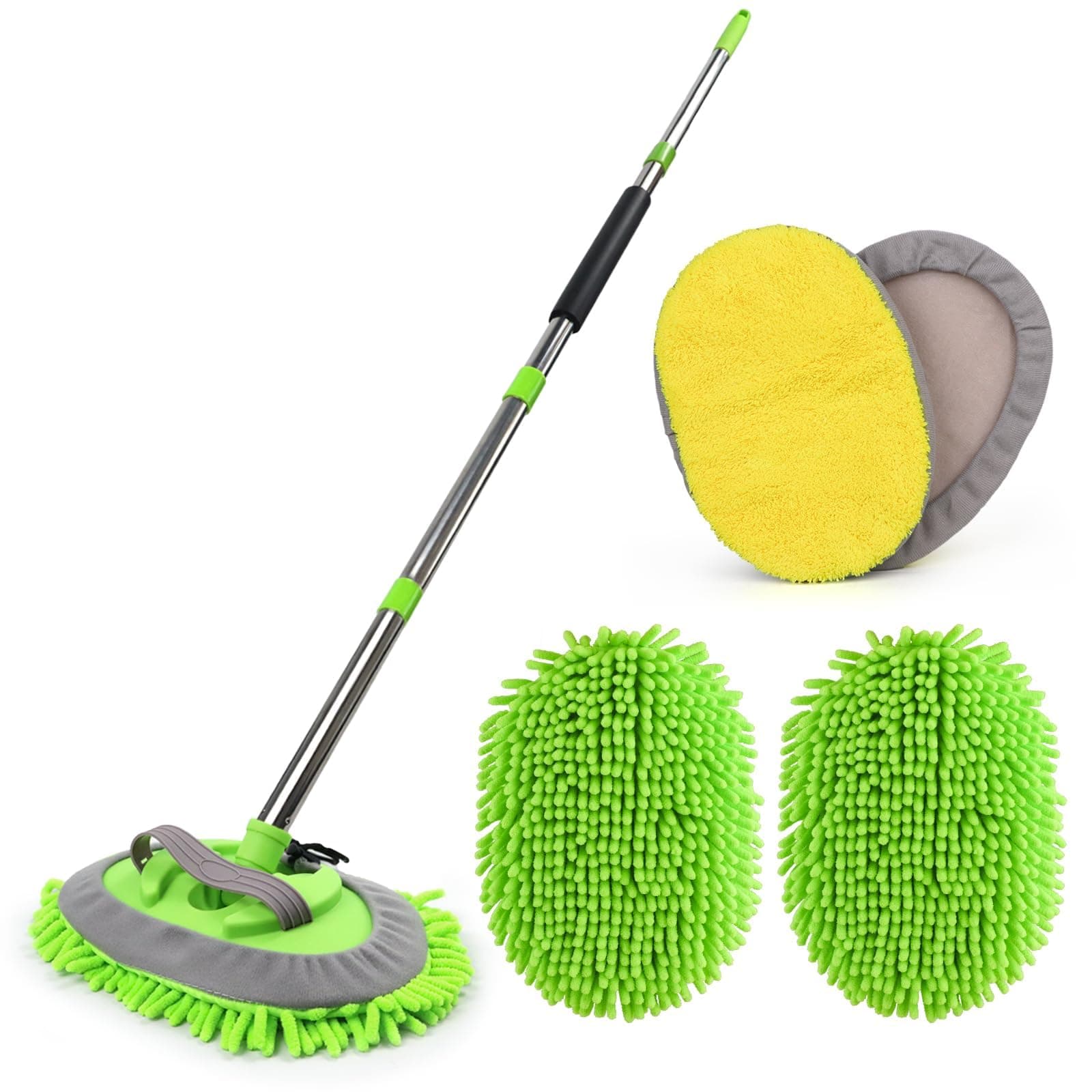 62'' Microfiber Car Wash Brush Mop Kit Sponge with Long Handle, Chenille Car Cleaning Brush Supplies Car Windshield Cleaner Pads for Car Rv SUV Truck Boat Bus Non-Scratches
