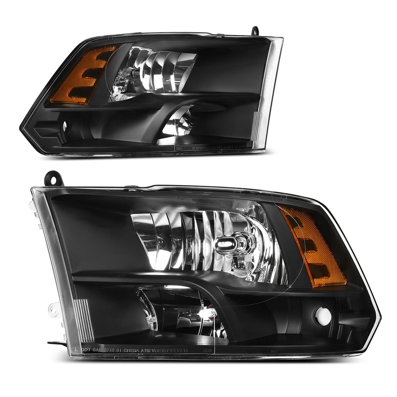DWVO Headlight Assembly Compatible with 2009-2018 Dodge Ram 1500 2500 3500/2019-2022 Ram 1500 Classic Pickup Quad Headlamp Replacement Black Housing Amber Reflector (Only for Quad Models)