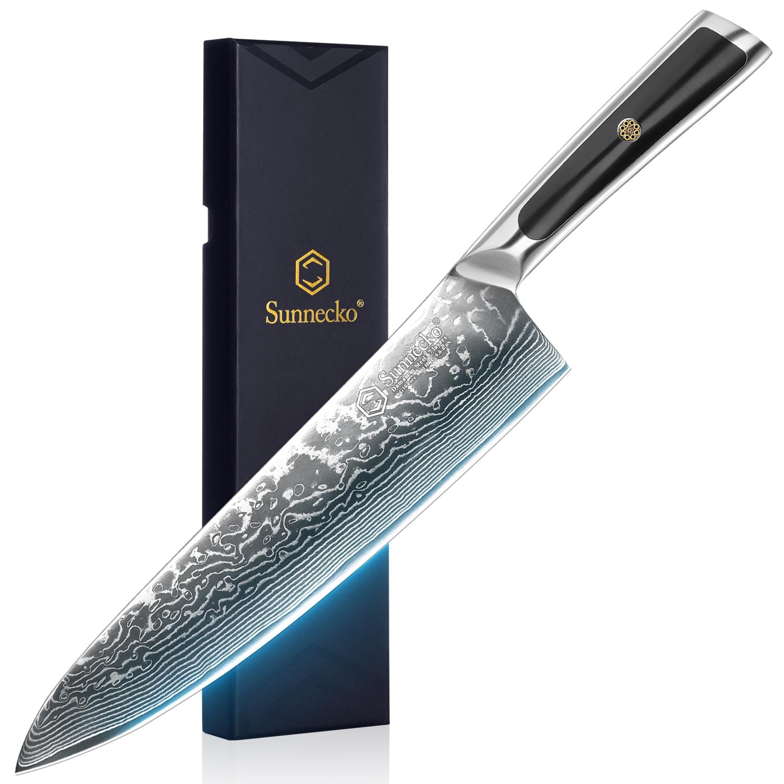 Sunnecko Damascus Chef Knife 8 inch- Razor Sharp Kitchen Knife Made of Damascus VG-10 Steel with Rivet Full Tang Solid Handle-Professional Japanese Chef's Meat Knife