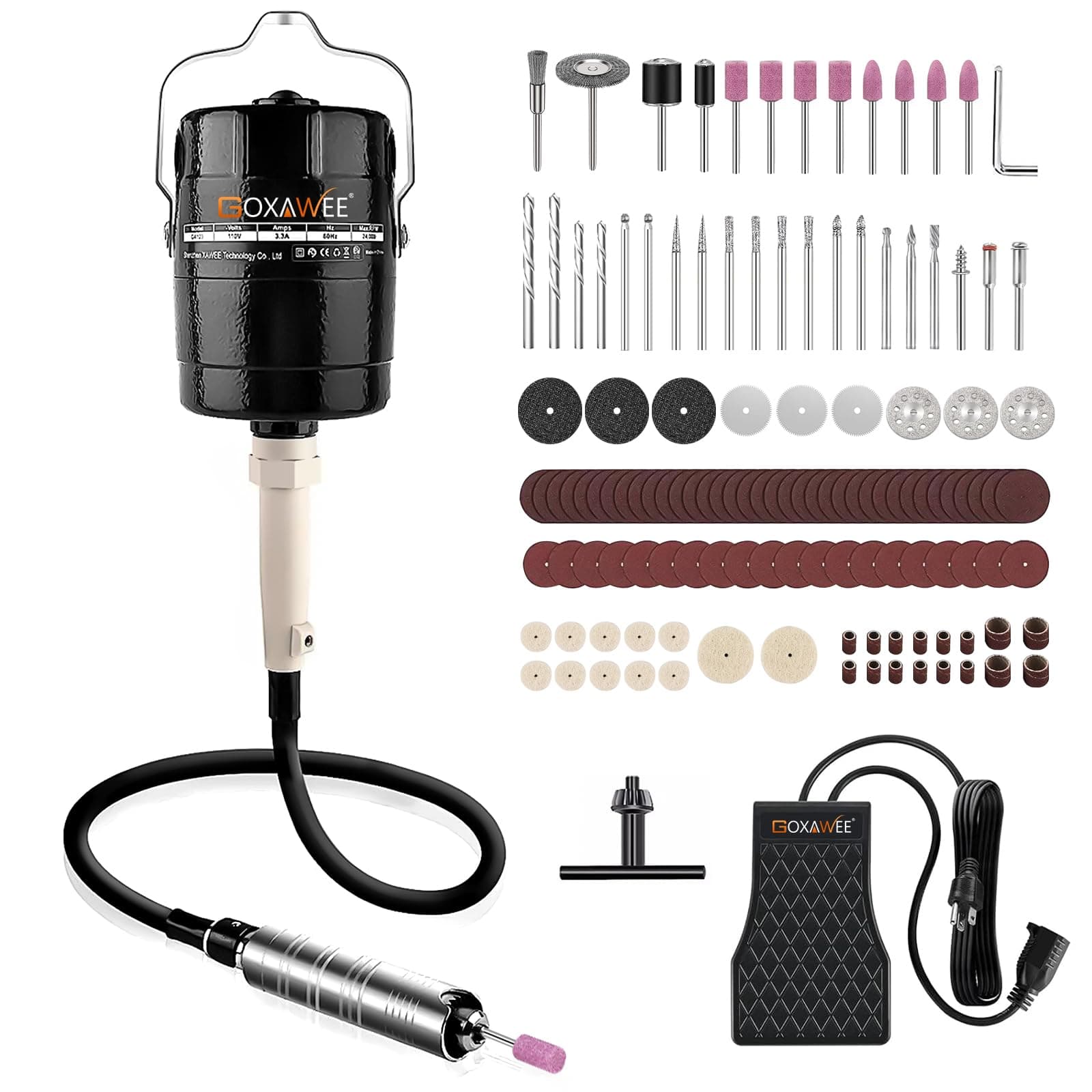 GOXAWEE Flex Shaft Grinder Rotary Tool, Hanging Grinding Machine with 3-Jaw Chuck& Stepless Speed Foot Pedal, Power Multi-Function Tool with 131pcs Accessories for DIY and Crafting Projects