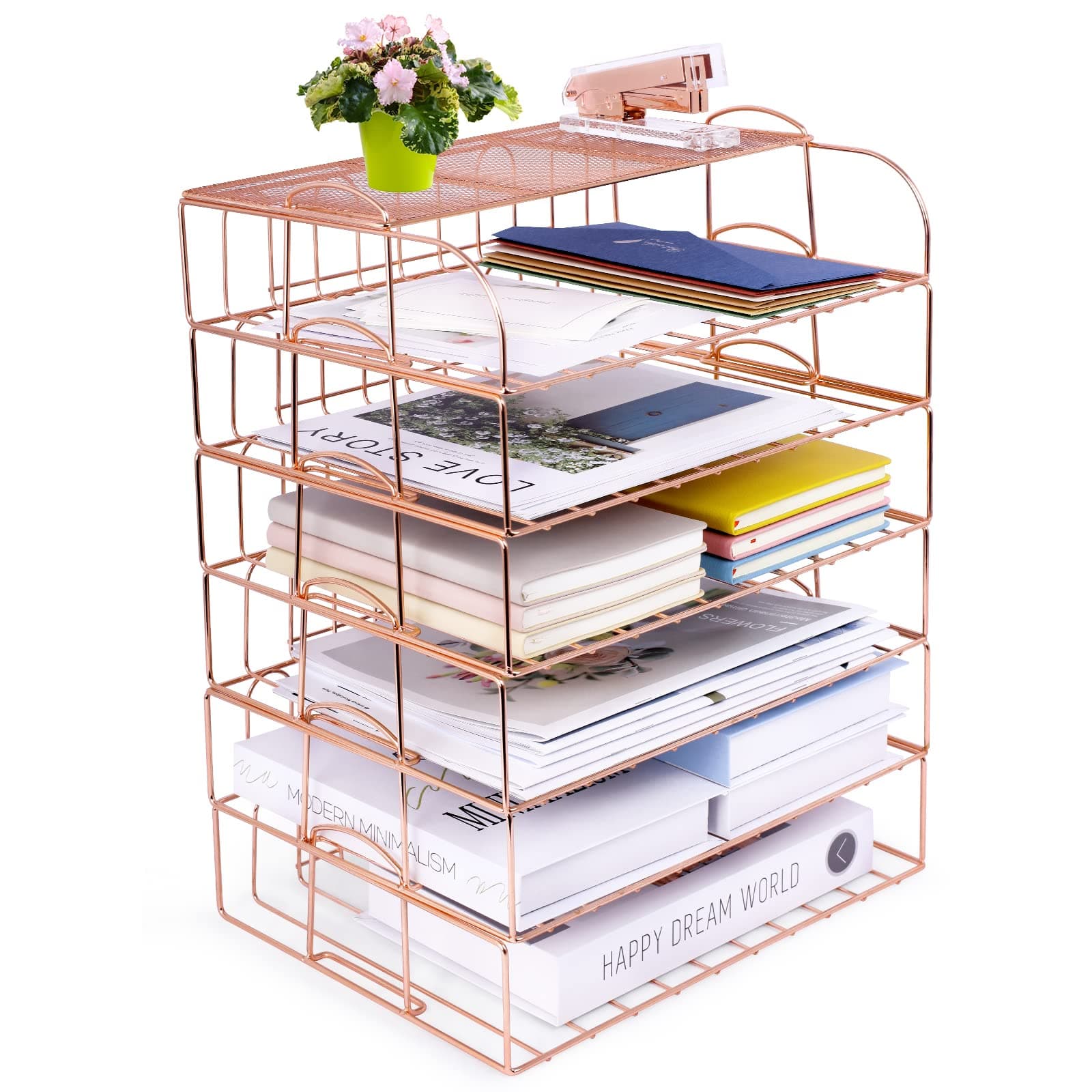 6 Tier Stackable Letter Tray, Rose Gold File Organizer Desk Organizers and Accessories for Women with 1 Upper Display Shelf for School