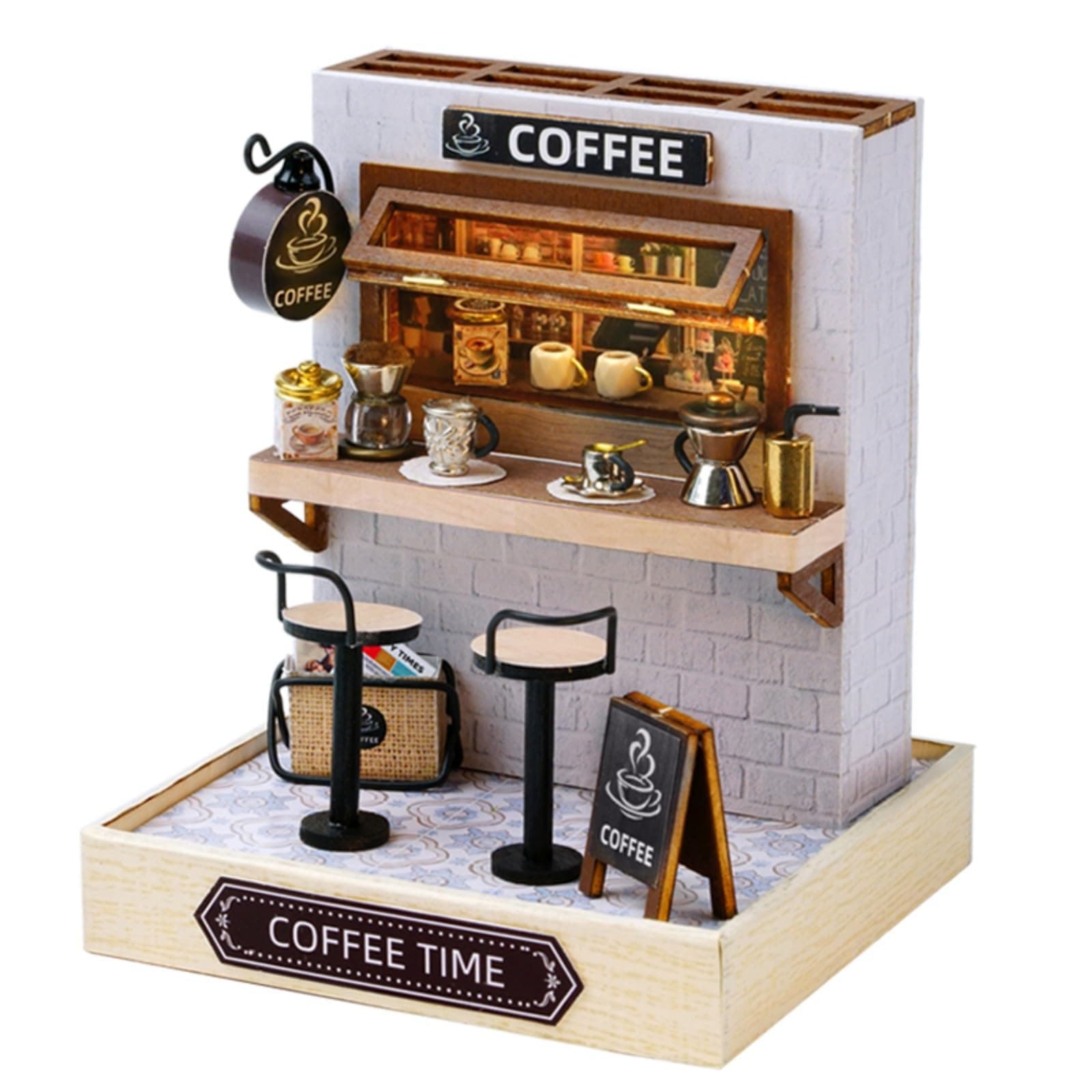 OZJAY DIY Miniature House Kit with Dust Proof Cover, 1:24 Scale Creative Room Mini DIY Wooden Dollhouse Miniature Kit for Adults Teen - Coffee Time