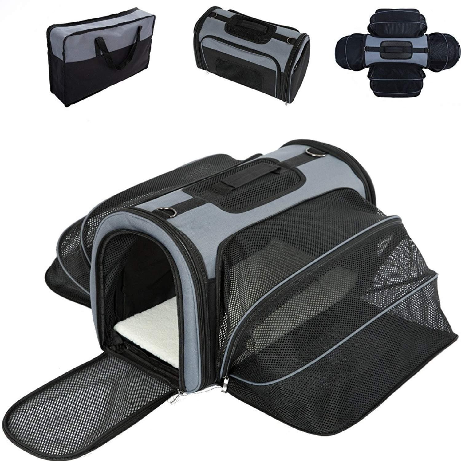 Smiling Paws Pets 4 Way Expandable Soft Sided Airline Approved Pet Carrier for Cats and Dogs | Folding for Easy Transport | for Air or Car Travel, Meets Most Under Seat Requirements | Large Size