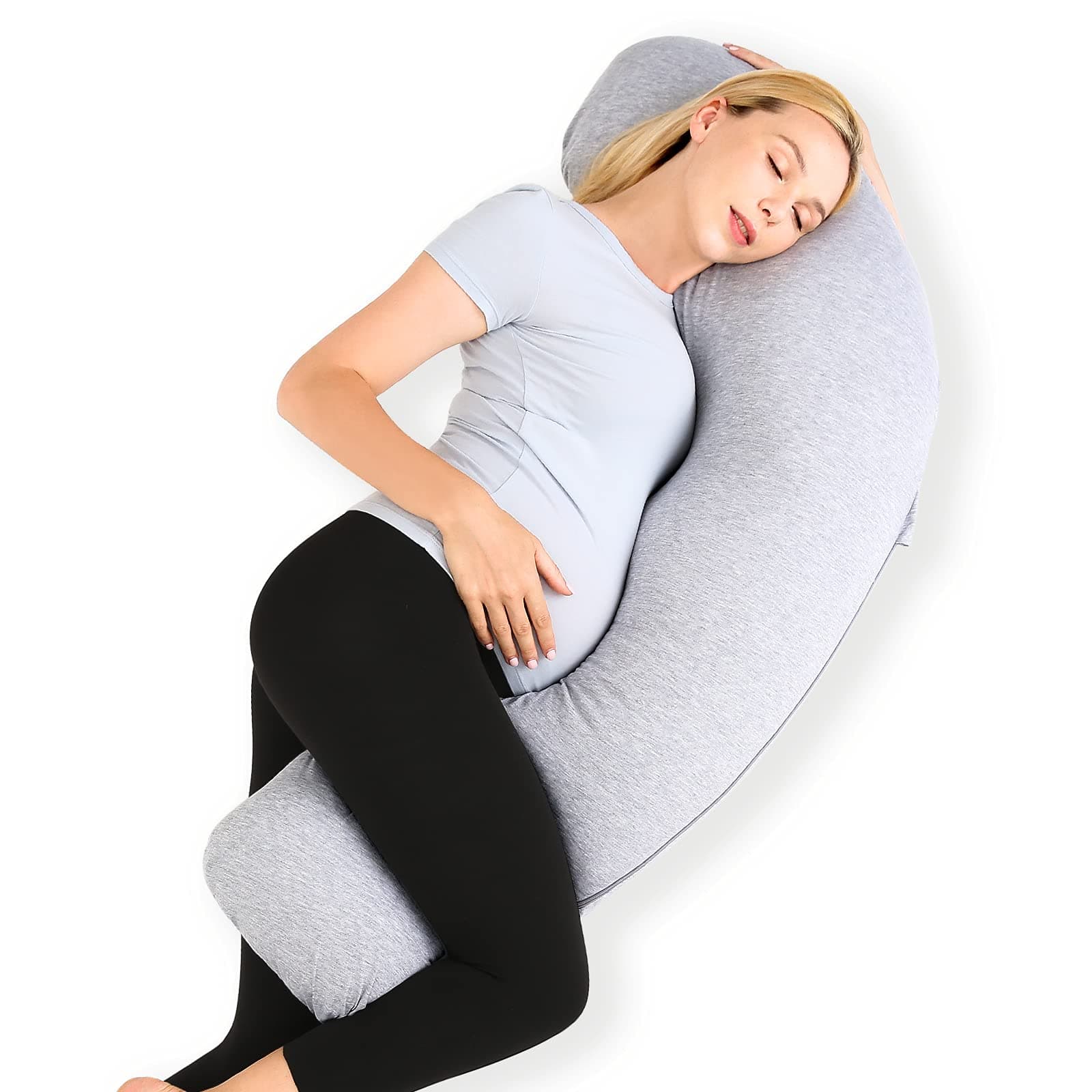Pregnancy Pillows for Side Sleeping, J Shaped Maternity Body Pillow for Pregnancy, Soft Pregnancy Pillow with Jersey Cover for Head Neck Belly Support, Grey