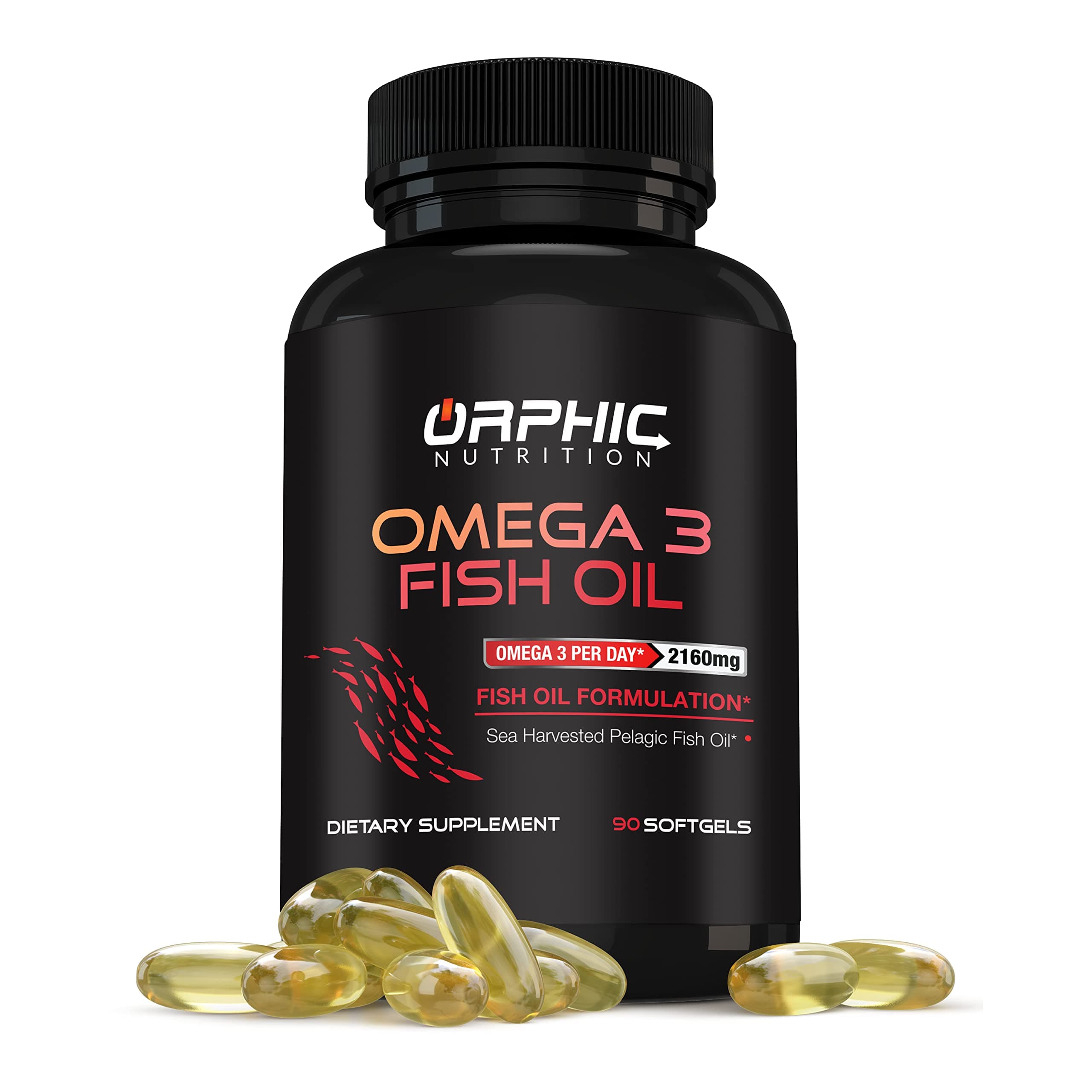 Orphic Nutrition Omega 3 Fish Oil Supplements Max Potency Burpless Lemon Flavored Capsules 3600mg - Essential Fatty Acids Supplement for Heart, Joint Health - 90 Softgels