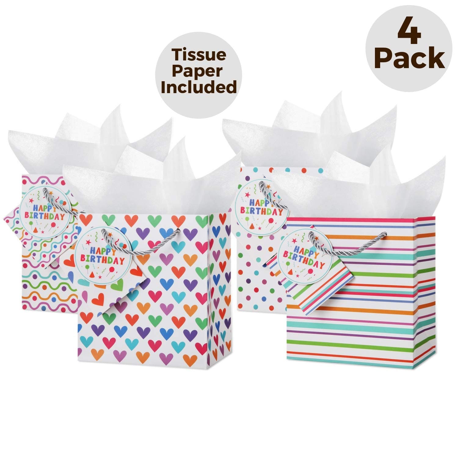 CRANBURY Small Gift Bags: (4 Pack) Assorted 4 Designs Gift Bags with Tissue Paper, Birthday Gift Bags for Kids, Bags with Tissue Paper, Gift Bags for Boy or Girl Birthday Present Gift Bag