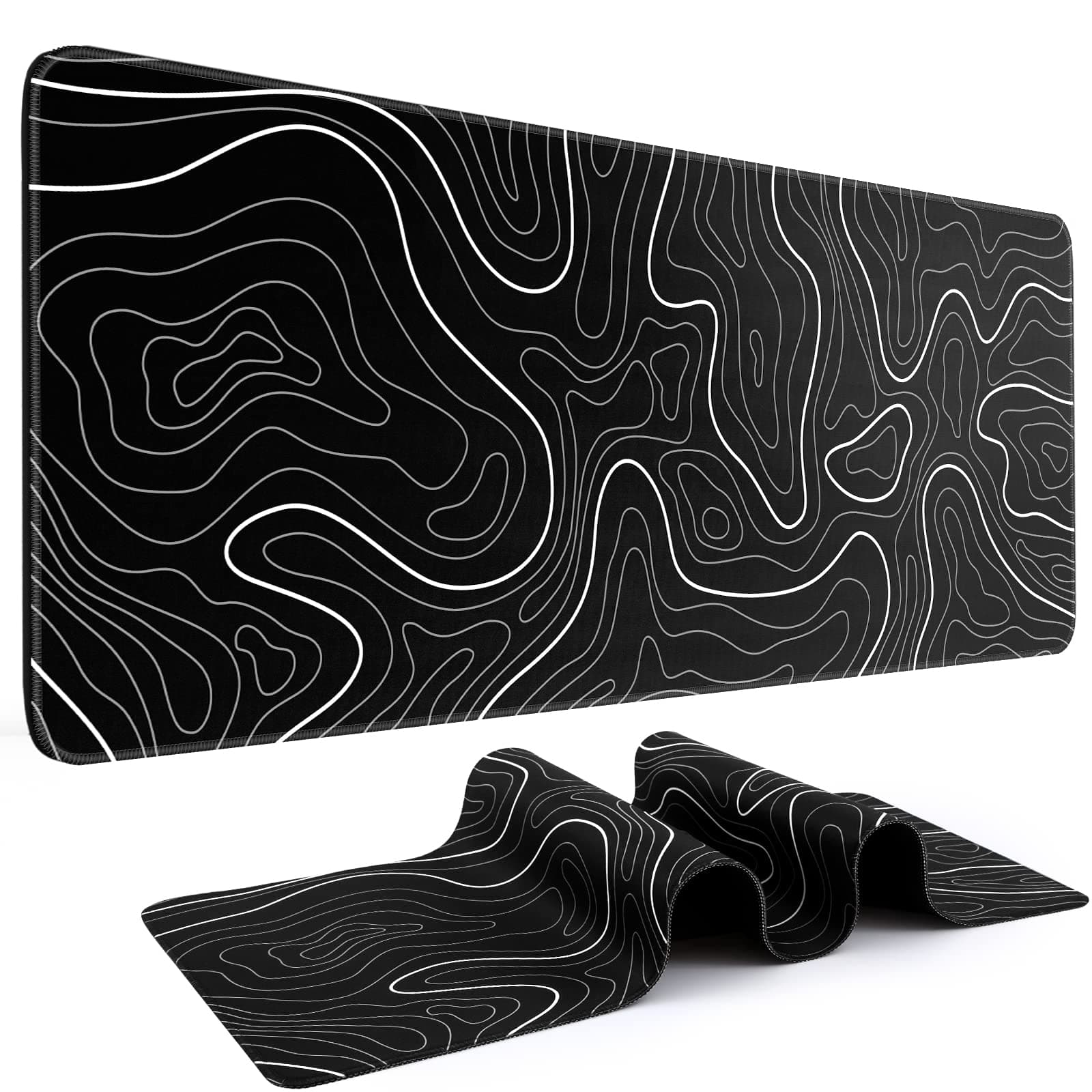 DIGSOM Mouse Pad Gaming Mousepad 31.5 x 11.8in Large Mouse Pad for Keyboard and Mouse with Anti-Slip Rubber Base, Keyboard Pad XL Mouse Mat for Home and Office(Black with White Topographic Line)