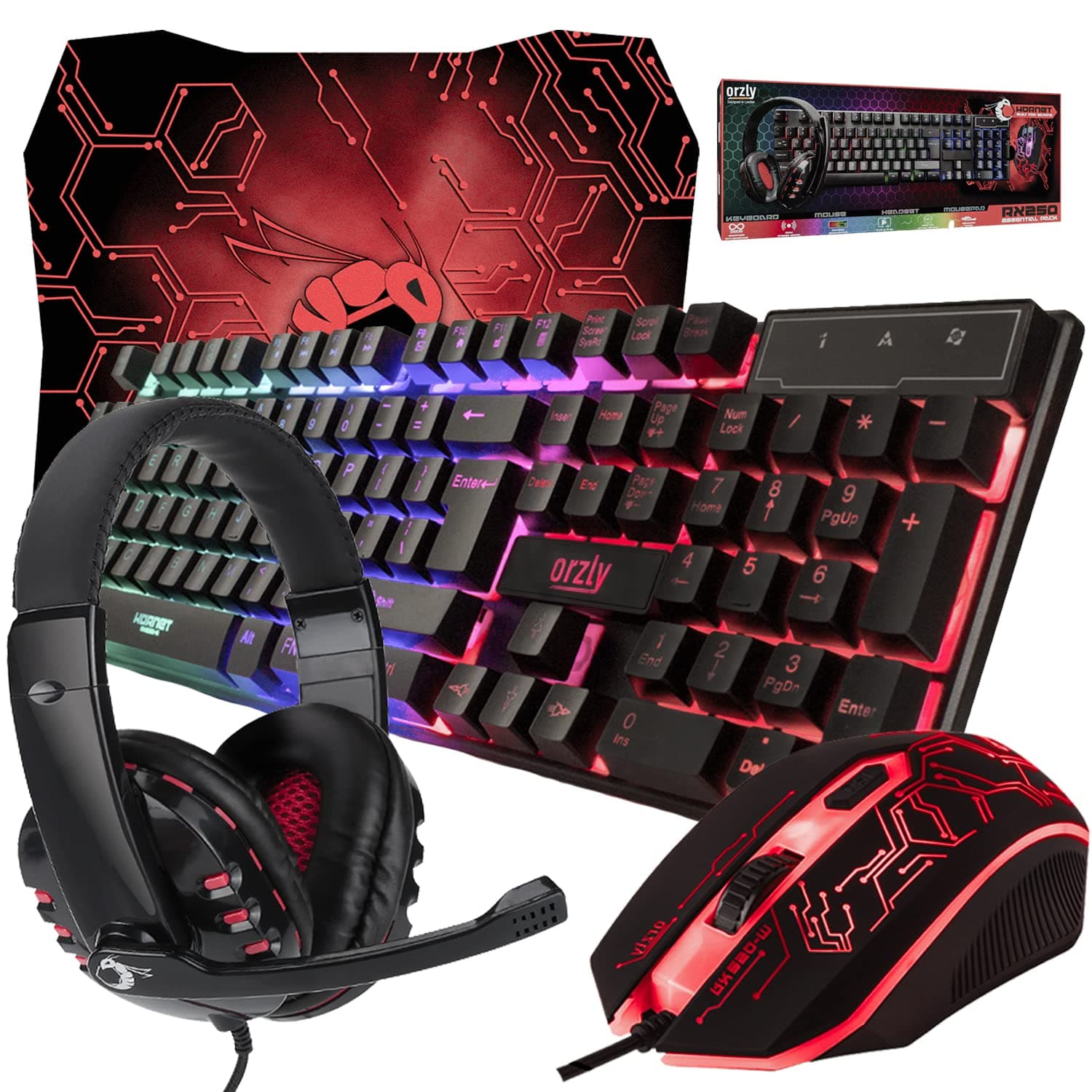 Orzly 4in1 Gaming PC Mouse Keyboard Headset and Mouse pad Gamer Bundle Combo, Black
