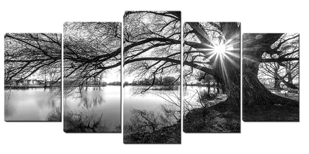5 Panels Black White Tree in Surise Time Wall Art Lake Landscape Canvas Pictures for Wall Framed Painting for Bedroom Living Room Office Ready to Hang