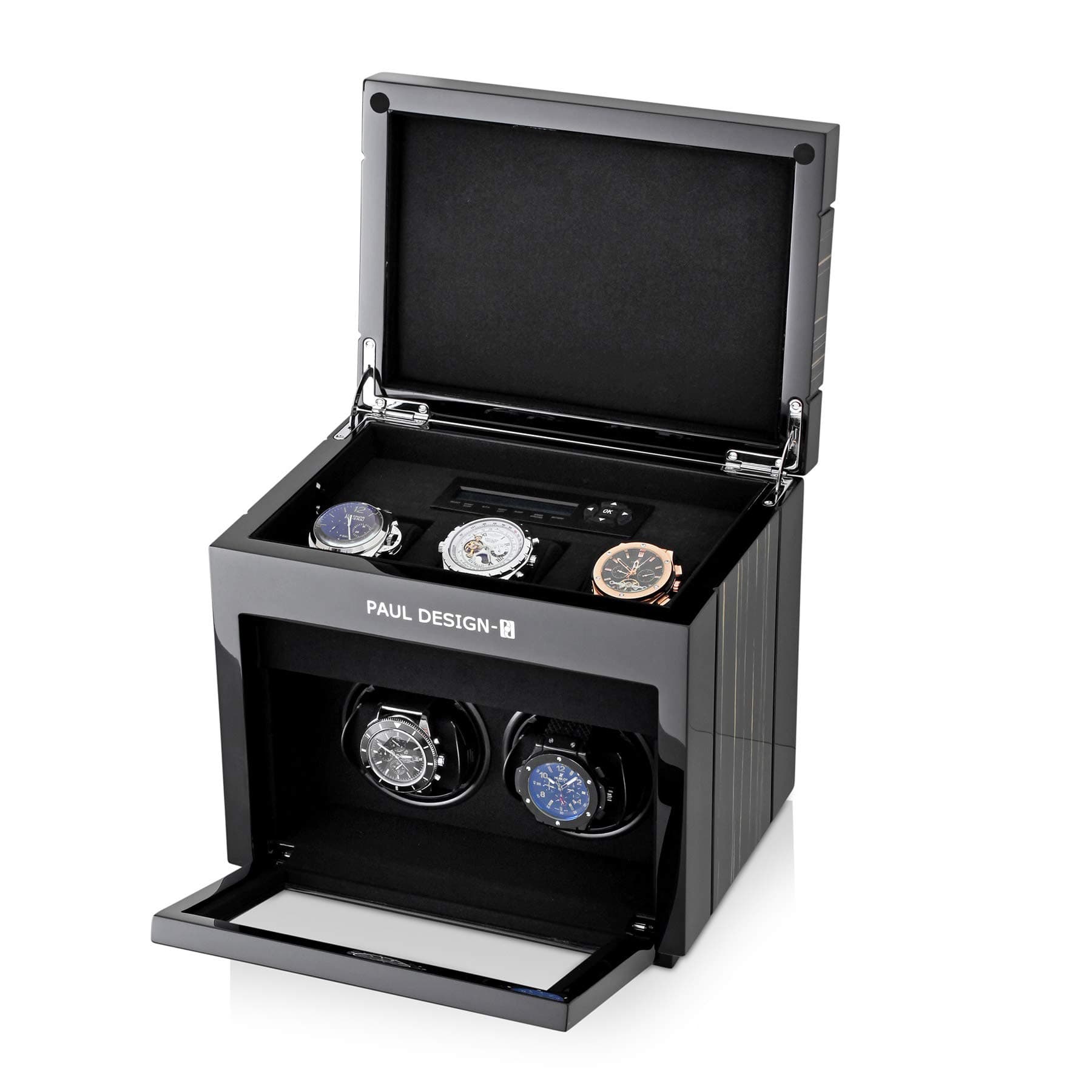 2+3 Watch Winder for 2 Automatic Watches with 3 Storage Slots, LED Backlight and LCD Display