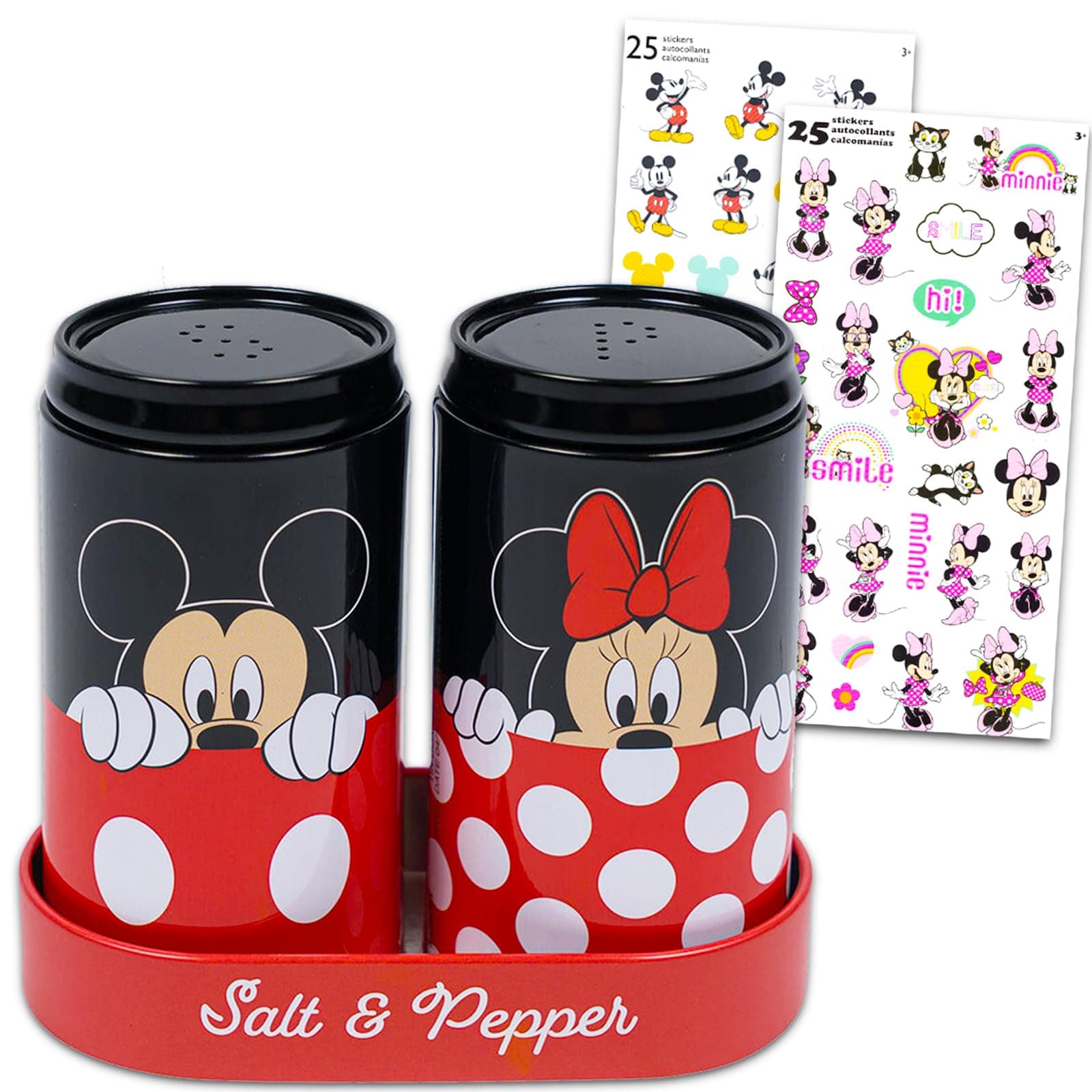 Disney Kitchen Accessories Bundle - Mickey and Minnie Salt and Pepper Shakers Plus Stickers