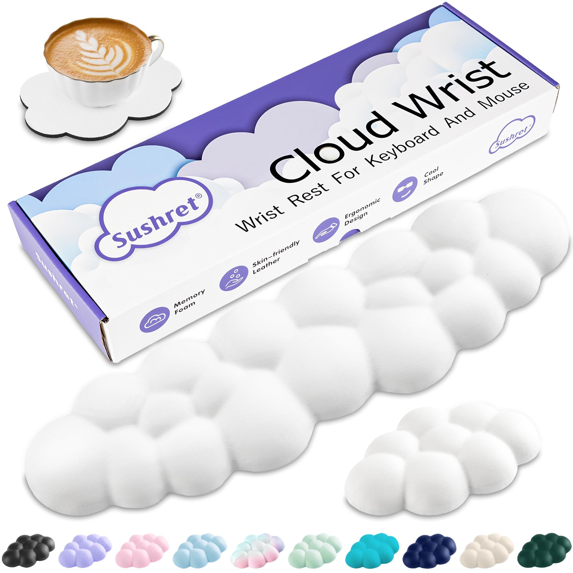 Sushret Wrist Rest Cloud, PU Leather Memory Foam Cloud Palm Rest Set, Cute Wrist Rest Keyboard for Wrist Support and Armrest, Desk Cloud Wrist Pad for PC/Game/Hand Cushion/Computer (White)