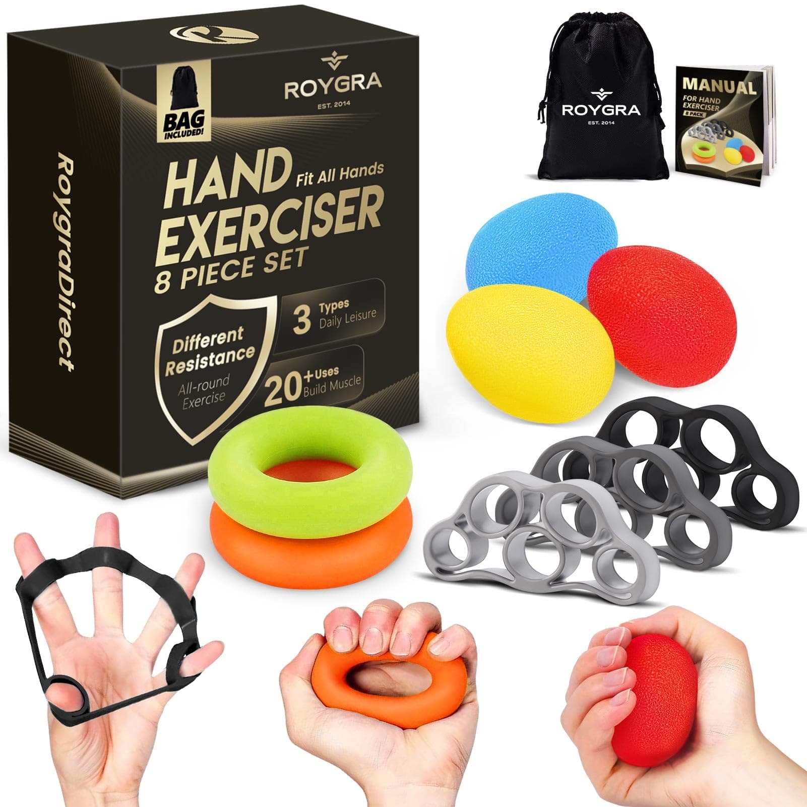 roygra Hand Exerciser Finger Strengthener Different Resistance Kit Pack of 8