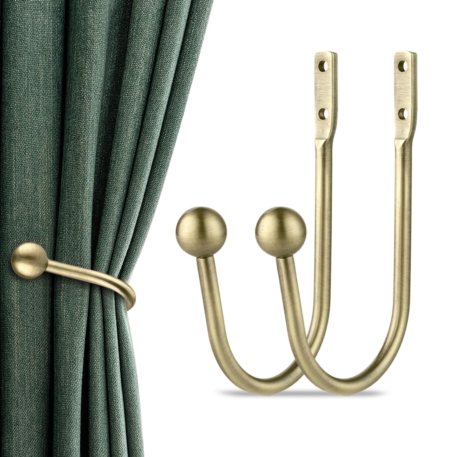 Curtain Holdbacks, 2pcs Curtains Holder Wall Mounted Drapery Tiebacks Retro Window Hook for Home Decor, Antique Brass