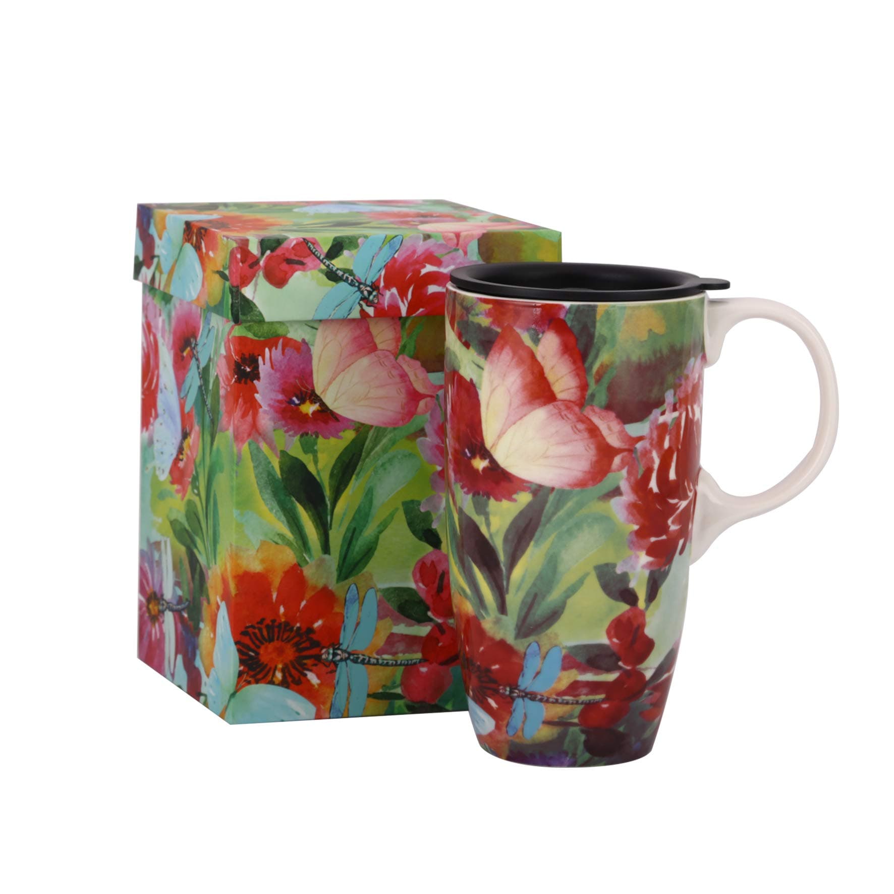 Topadorn Ceramic Coffee Mug 17 oz. Coffee Cup with Color Box and Spill-proof Lid Travel Mug, Butterfly
