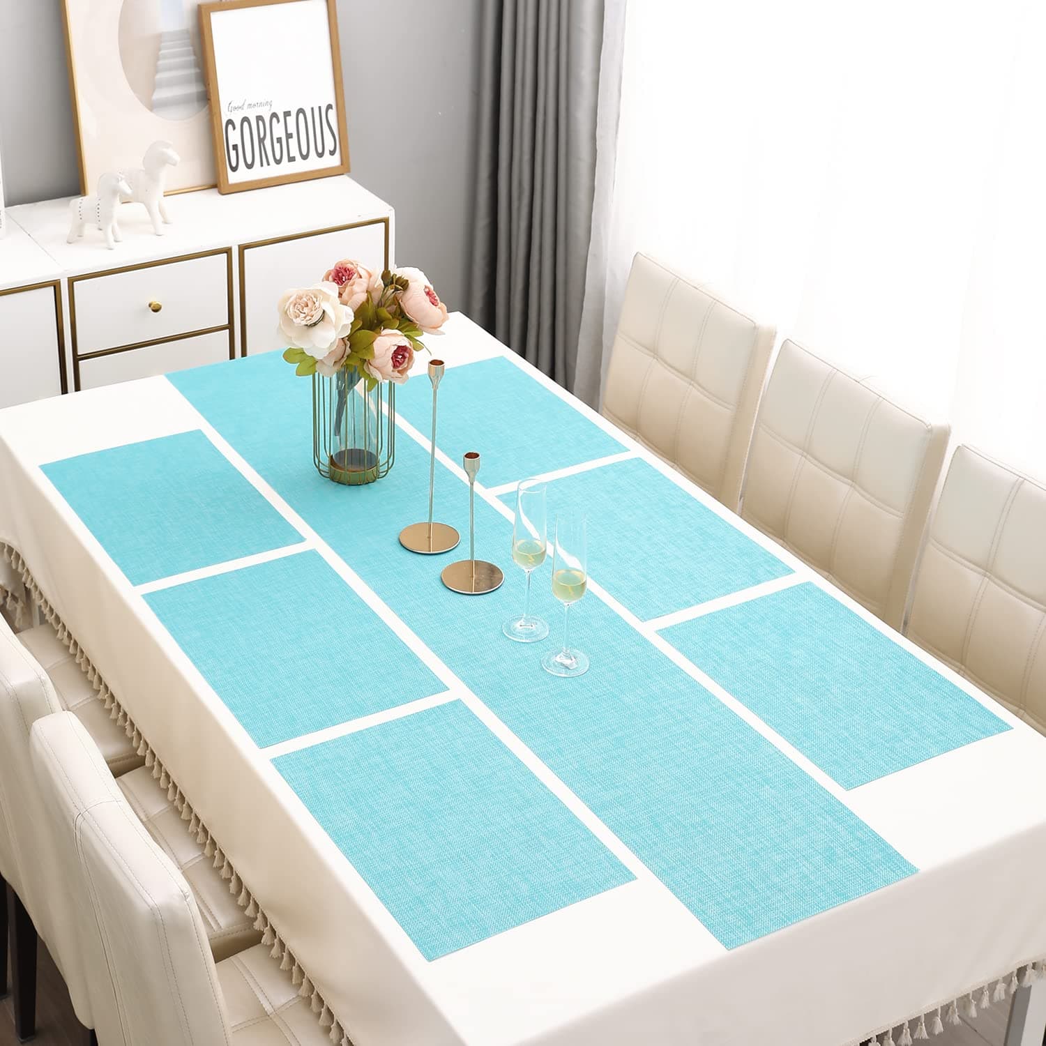 HOKIPO Pvc Placemats With Runner For Dining Table 6 Seater (Ar2353), Turquoise