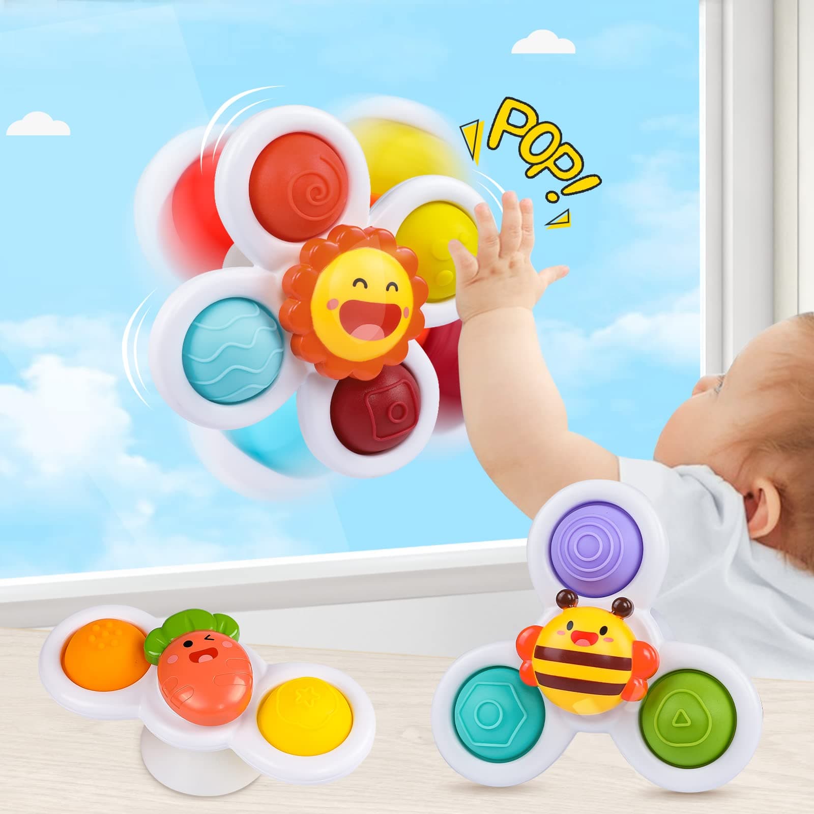 Hinzer Suction Cup Spinner Toys for 1 Year Old Boy Girl Gifts Baby Dimple Fidget Toys for 12-18 Months Bath Toys for Toddlers 1-3 Autism Sensory Spinning Top Travel Toy First Birthday Gifts, 3 Pcs