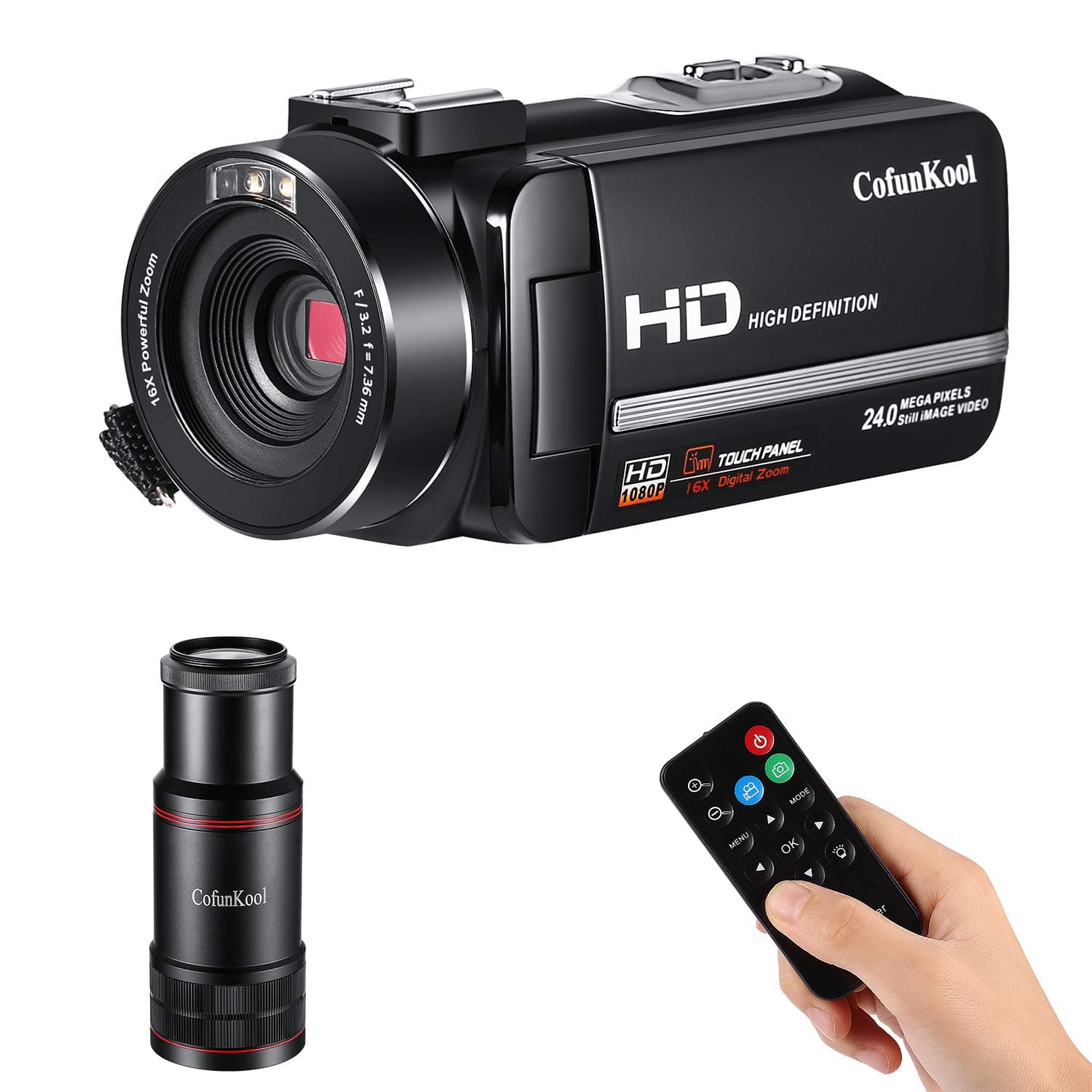 Video Camera, CofunKool Camcorder 1080P Full HD 16X Digital Zoom 3.0 IPS Touch Screen Night Vision, with Monocular Remote Control, Vlogging Camera for YouTube