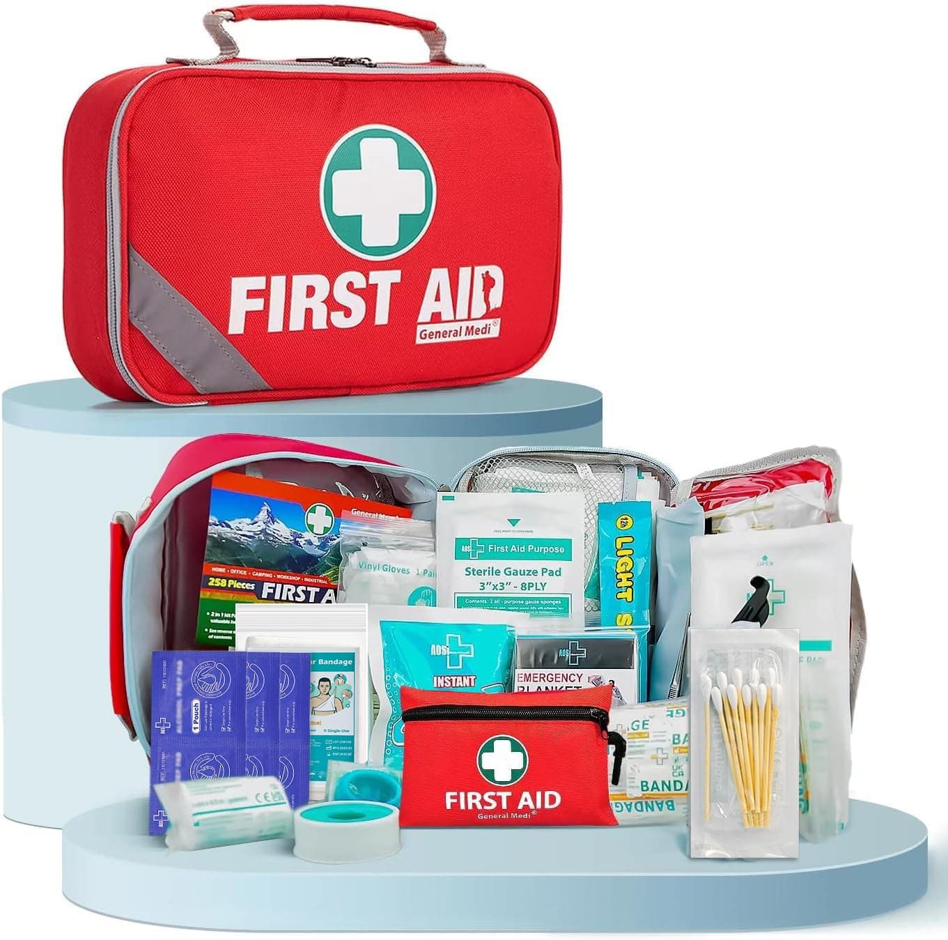 General Medi First Aid Kit (215 Piece) + Bonus 43 Piece Mini First Aid Kit - includes Emergency Blanket, Bandage, Scissors for Home, Car, Camping, Office, Boat, and Traveling