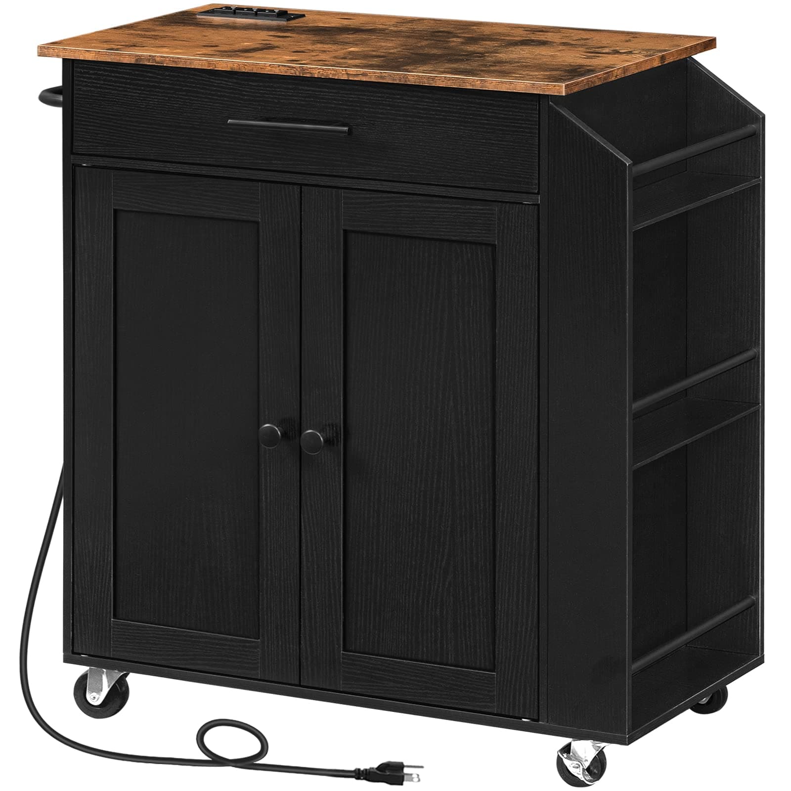HOOBRO Kitchen Island with Power Outlet, Kitchen Storage Island ith Spice Rack and Drawer, Rolling Kitchen Cart on Wheels, for Home, Kitchen and Dining Room, Rustic Brown and Black BF82UZD01