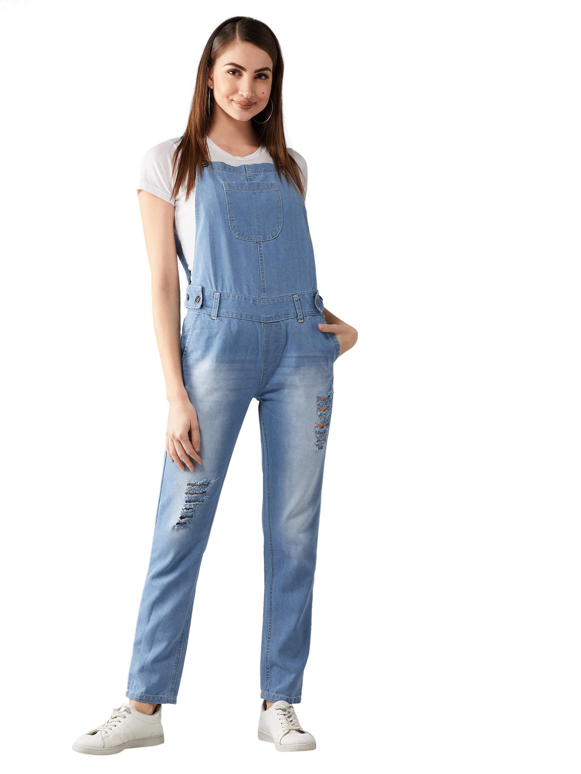 Women's Light Blue Regular Fit Mid Rise Regular Length Ripped Denim Dungaree