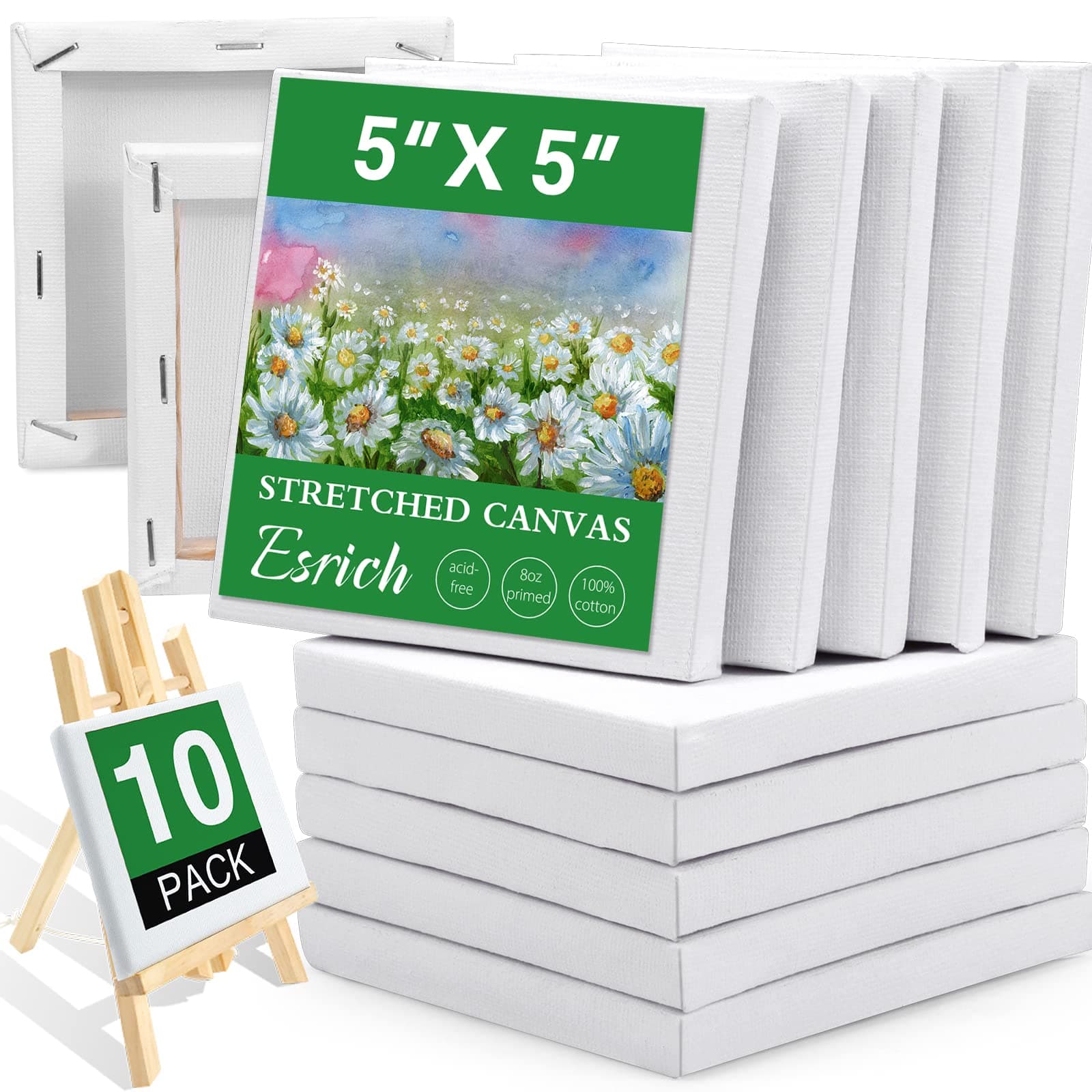 ESRICH Mini Stretched Canvas 10 Pack 5x5inch, 2/5''Profile Art Primed Canvases for Painting, Cotton Small Professional Stretched Canvas for Kids and Art Supplies, for Acrylics, Oils.