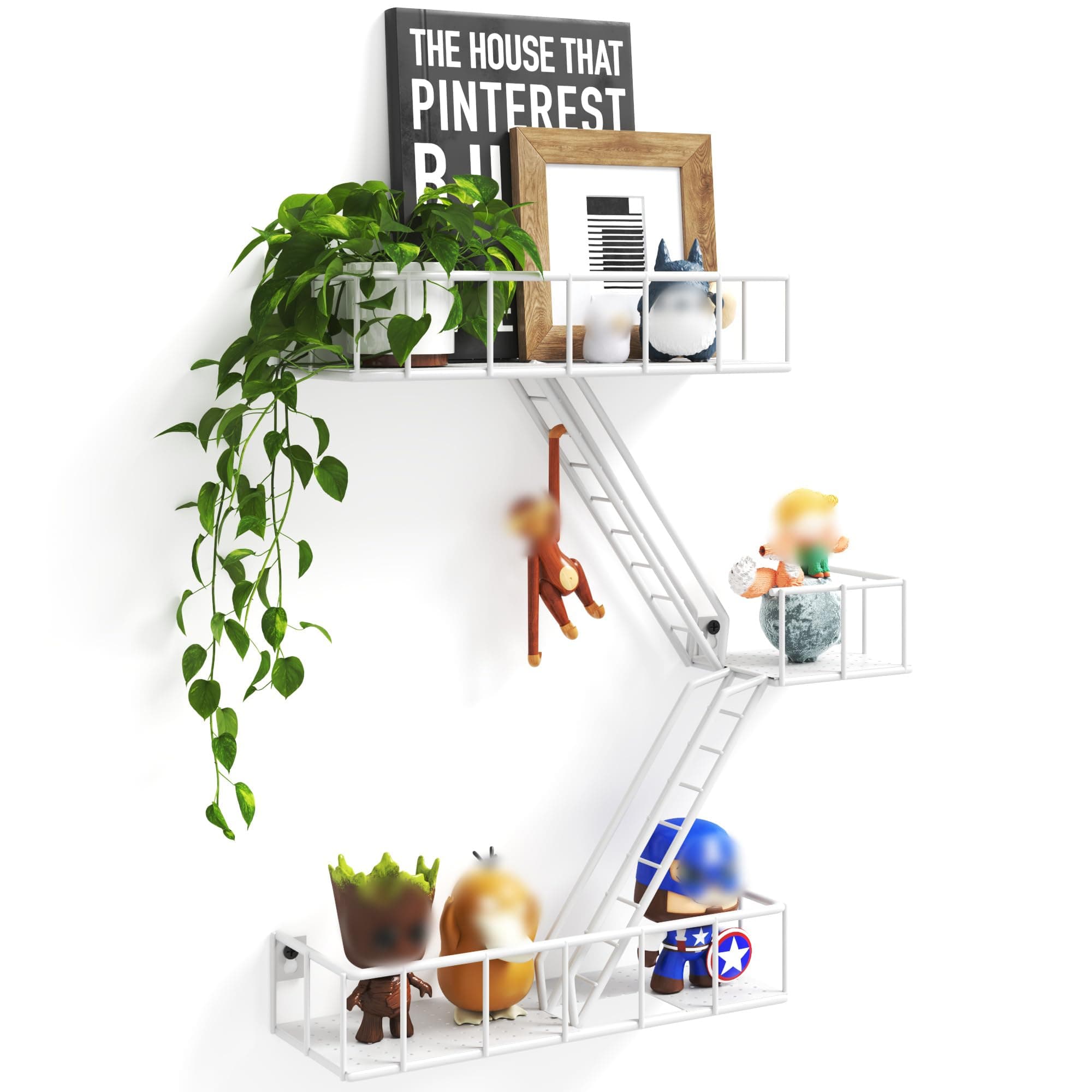 Fire Escape Wall shelf with Baskets, 3-Tier Metal Ladder Organizer, New York Inspired Decorative Shelf, White Floating Action Figurine Display