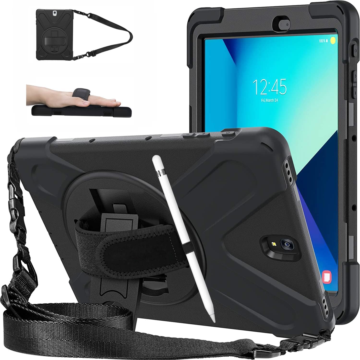 DreamerX Samsung Galaxy Tab S3 9.7 Case - Heavy Duty Rugged Protective Case Cover with 360 Degree Rotating Stand Handle Hand Strap Carrying Shoulder Strap for Galaxy Tab S3 9.7(-T820/T825/T827), Black