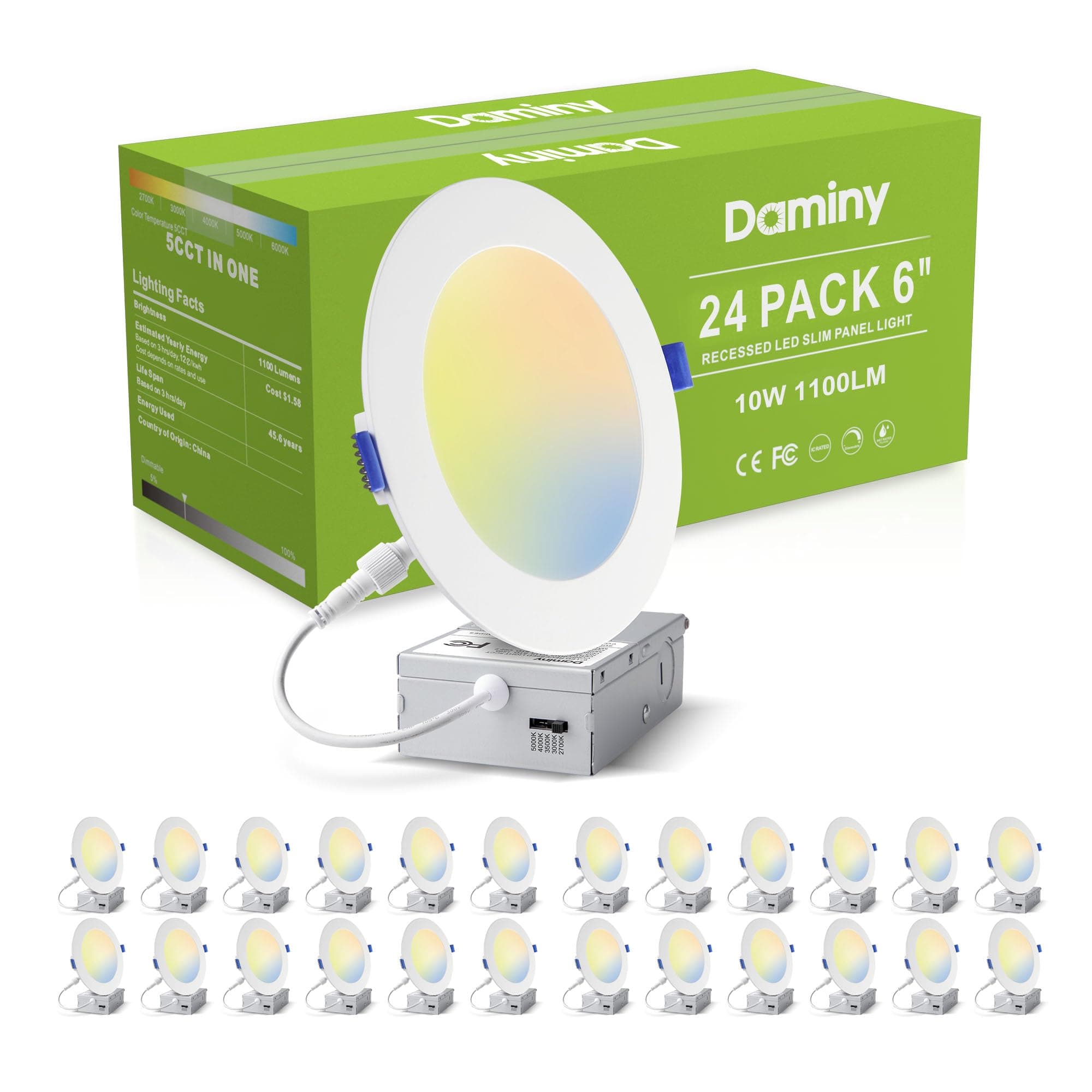 DAMINY 24 Pack 6 Inch LED Recessed Lighting with Junction Box,5CCT,Ultra-Thin Recessed Light,10W 1100LM, Dimmable Canless Wafer Ceiling Light, High Brightness