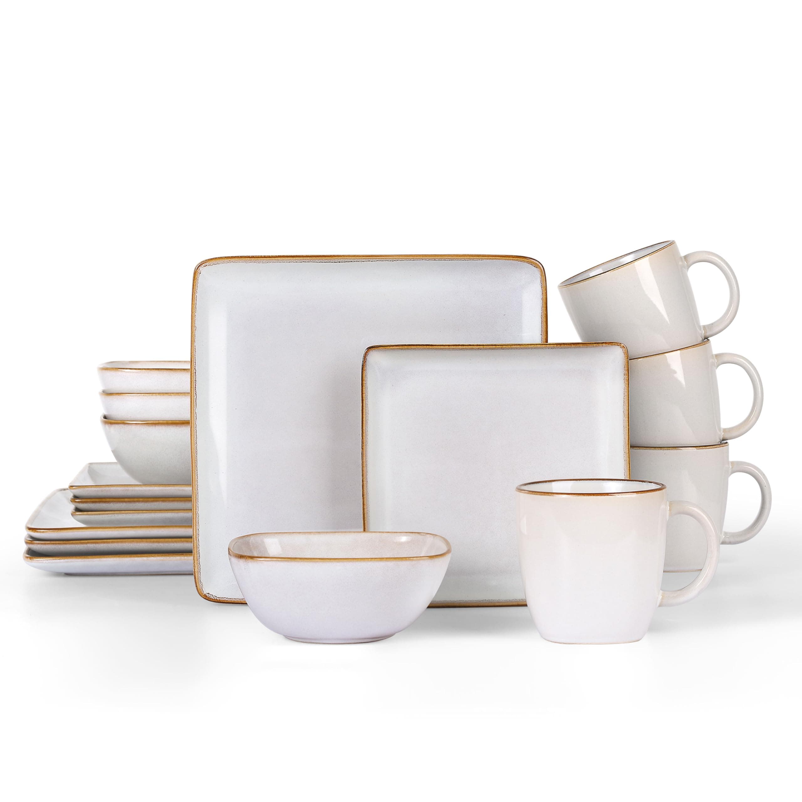 LIANYU 16 Piece Square Dinnerware Sets with Mugs, Stoneware Plates and Bowls Sets for 4, Ceramic Dishes Dishware for Kitchen Dining, Microwave & Dishwasher Safe, Pearl White