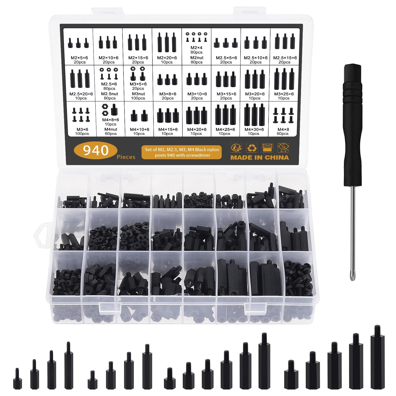 Gueenky 940Pcs Nylon Standoff Spacers Black, M2 M2.5 M3 M4 Male Female Hex Standoff Screws Nut Spacers Threaded Pillar for PCB Board Motherboard