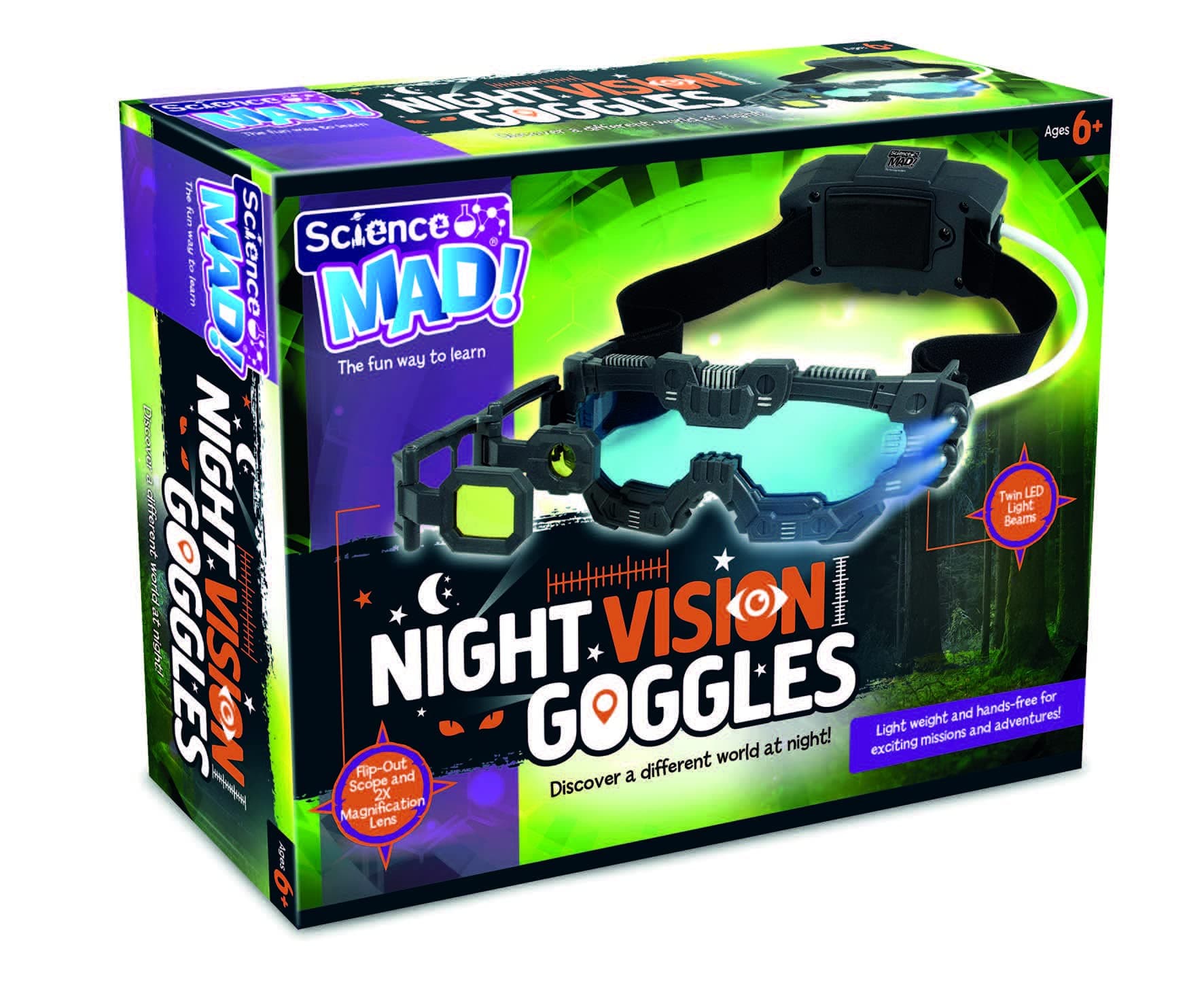 Science MAD! Night Vision Goggles For Kids - For Fun Night Missions - Lightweight, Flip Out Scope, 2x Magnification, Twin LED Beams, Blue Lenses, 6+ Years, 20 x 10 x 5.5 cm (SM55)