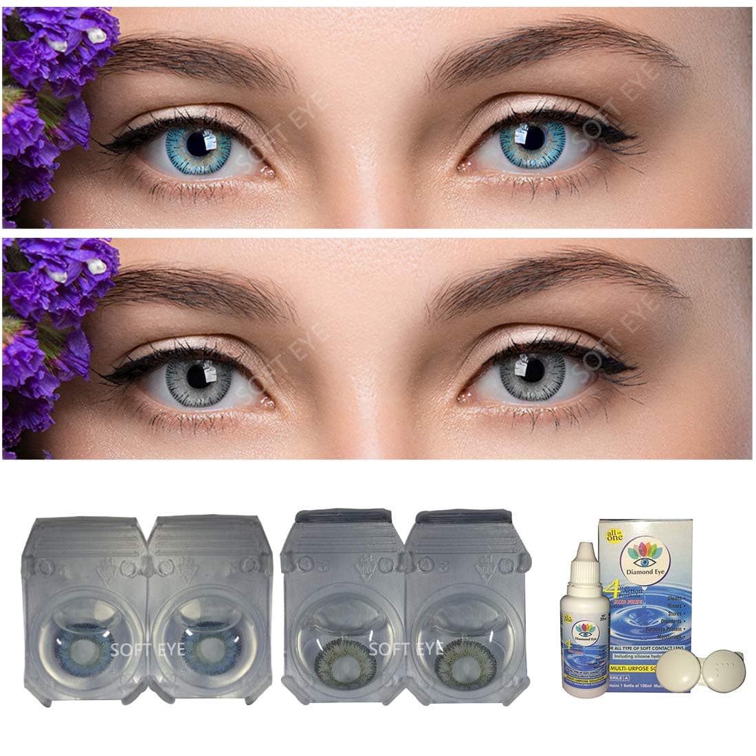 Soft Eye Grey & Blue Combo Pack 2 Pairs Of Monthly Color Contact Lenses (Grey & Blue) Zero Power with Free Lens Solution & Lens Case/Container Kit