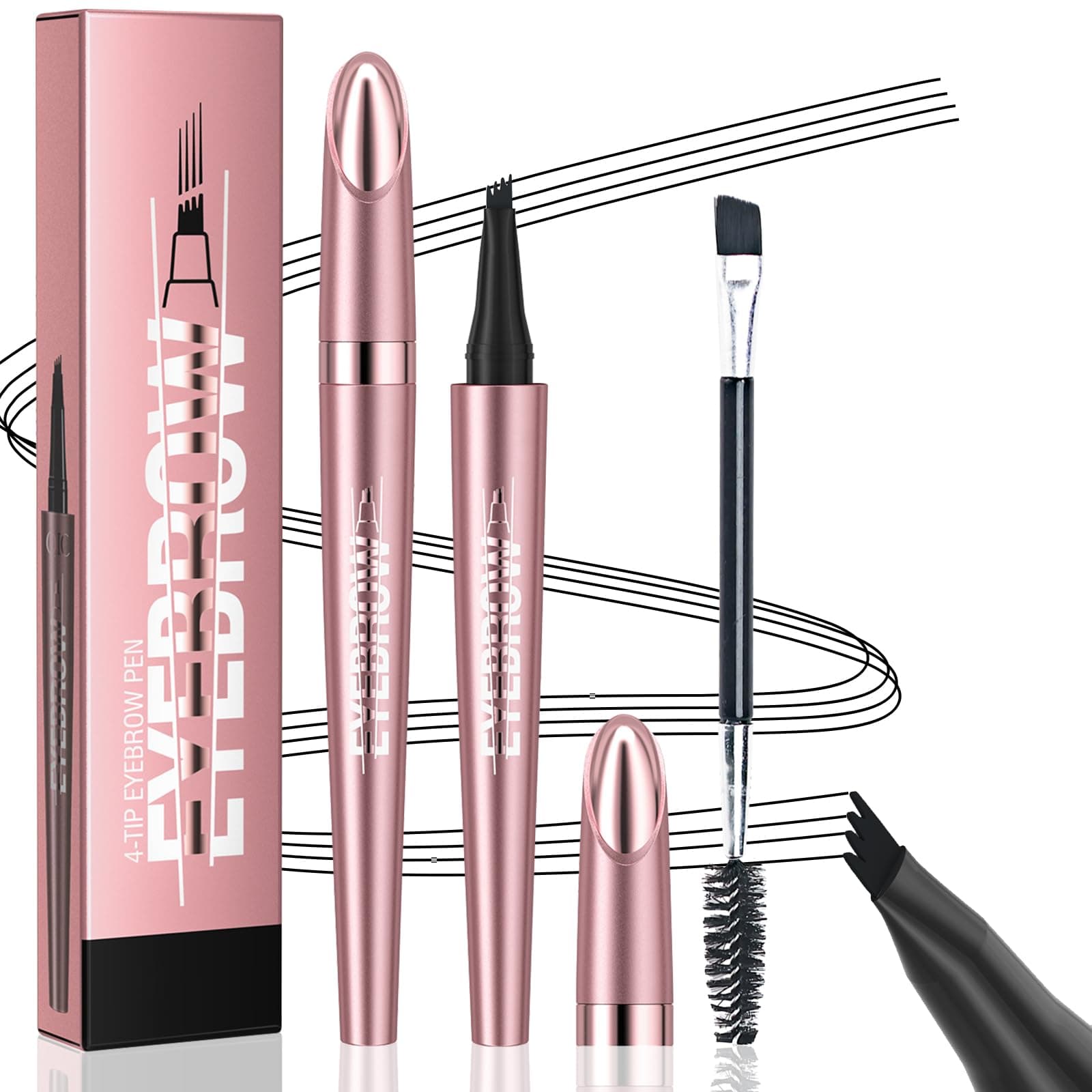 Eyebrow Pencil, 3D Microblading Eyebrow Pen with 4 Micro-Fork Tip & Spoolie Brush, Long-Lasting Precise Eye Brow Pencils, Waterproof Smudgeproof Brow Pen Makeup Cosmetic Tool for Women (Black)