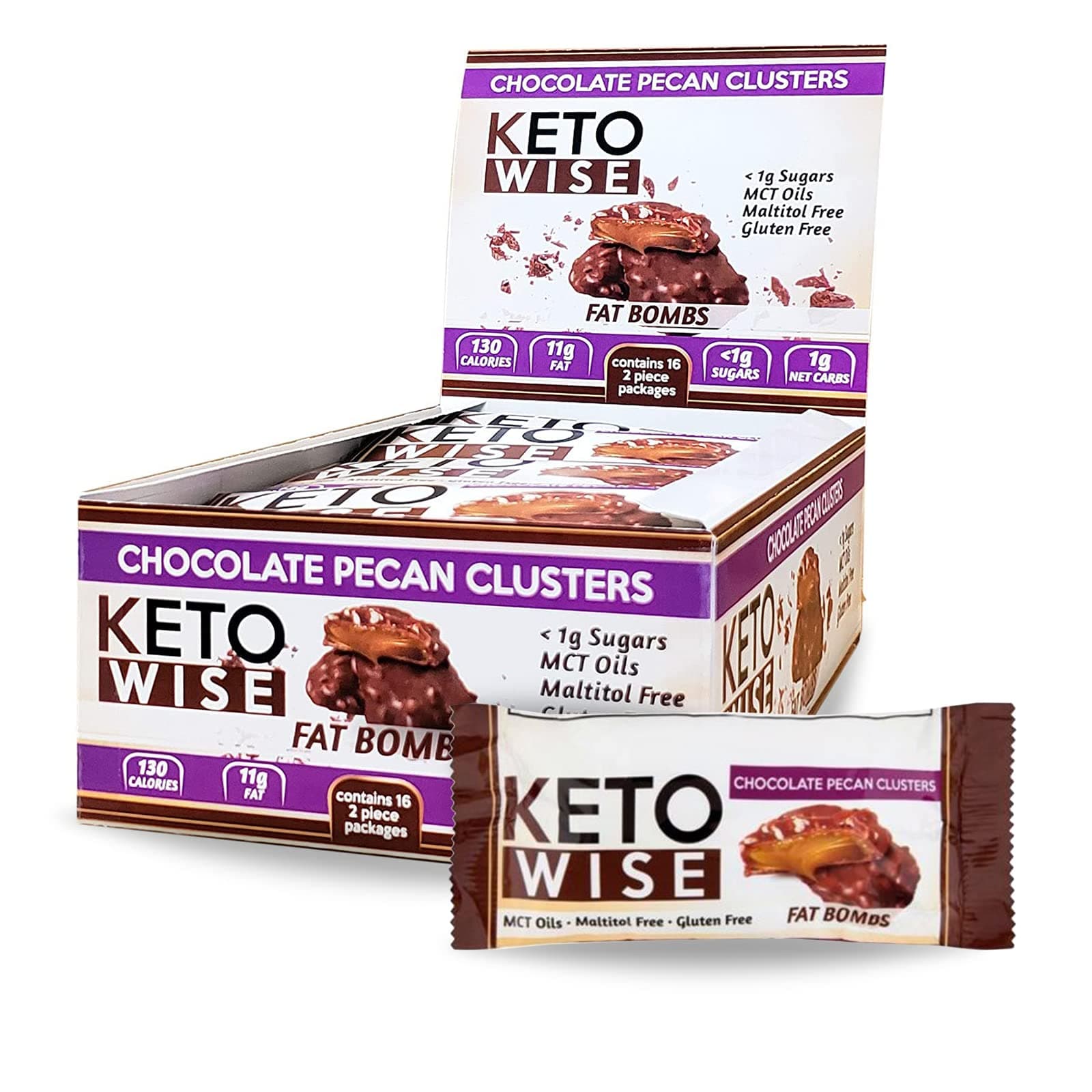 Fat Bombs - Made with Chocolate containing MCT Oil - Low Fat, Low Carb and Keto Friendly Snack - 11g Fat, 1g Net Carbs | Chocolate Pecan Clusters, 16 Count (Pack of 1)