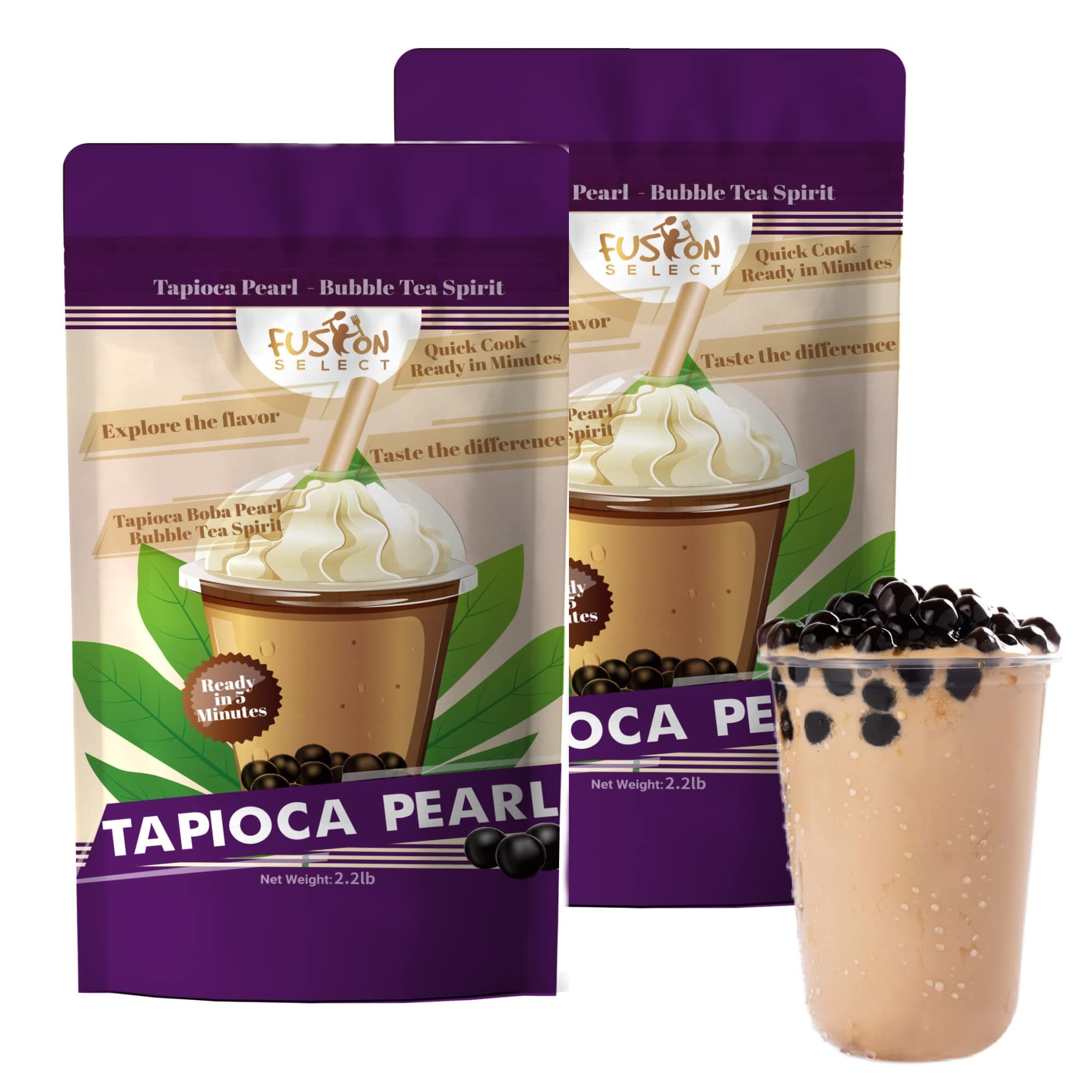 Fusion Select Tapioca Pearl - Brown Sugar Flavor Quick Cook Tapioca, DIY Boba for Boba Tea Ready in 5 Minutes, Boba pearls, Bubble Tea Pearl s, Milk Tea Toppings (2.2LB x 2PK)