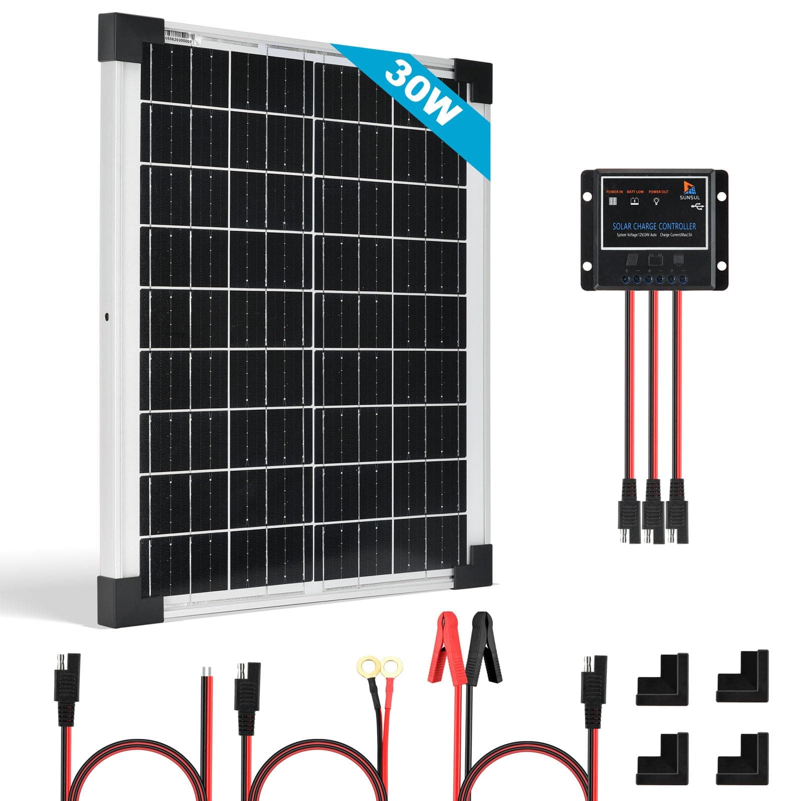 30W 12V Solar Panel Off-Grid System, Solar Panel Kit Charging Battery with 5A PWM Solar Charge Controlle for Motorhome, Caravan, Campervan, Boot, Home