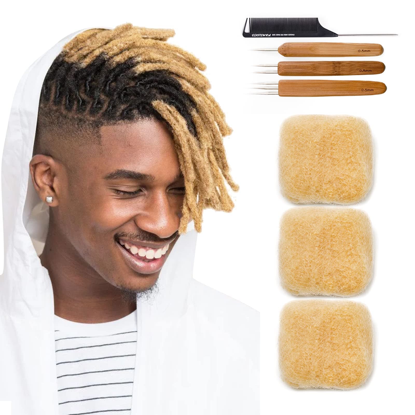 Tight Afro Kinky Bulk 100% Human Hair for Draedlock Extensions, Repair Locs, Twists and Braids - 16 Inch, #613 (16 Inch (Pack of 3), #613 - Blonde)